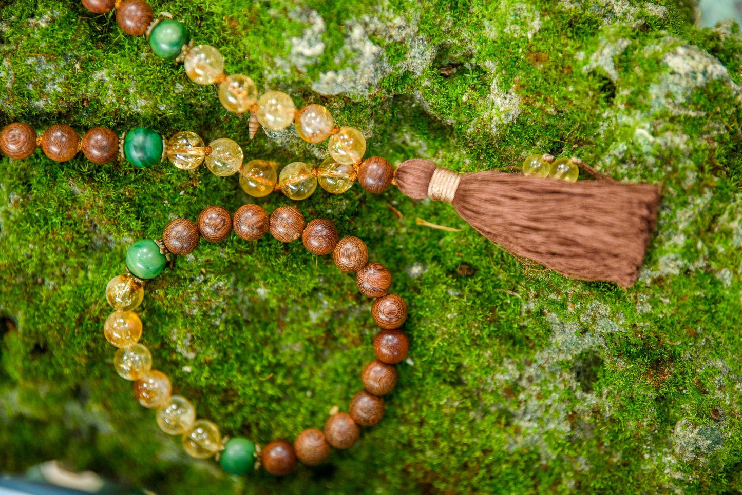 Sandalwood, Citrine & Jade Pocket Mala and Matching Bracelet Set, Hand-Knotted Mala, Meditation mala, Buddhist Beaded Mala, Yoga Lover Gift