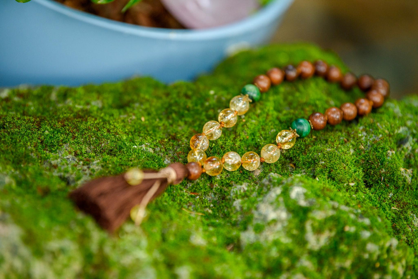 Sandalwood, Citrine & Jade Pocket Mala and Matching Bracelet Set, Hand-Knotted Mala, Meditation mala, Buddhist Beaded Mala, Yoga Lover Gift