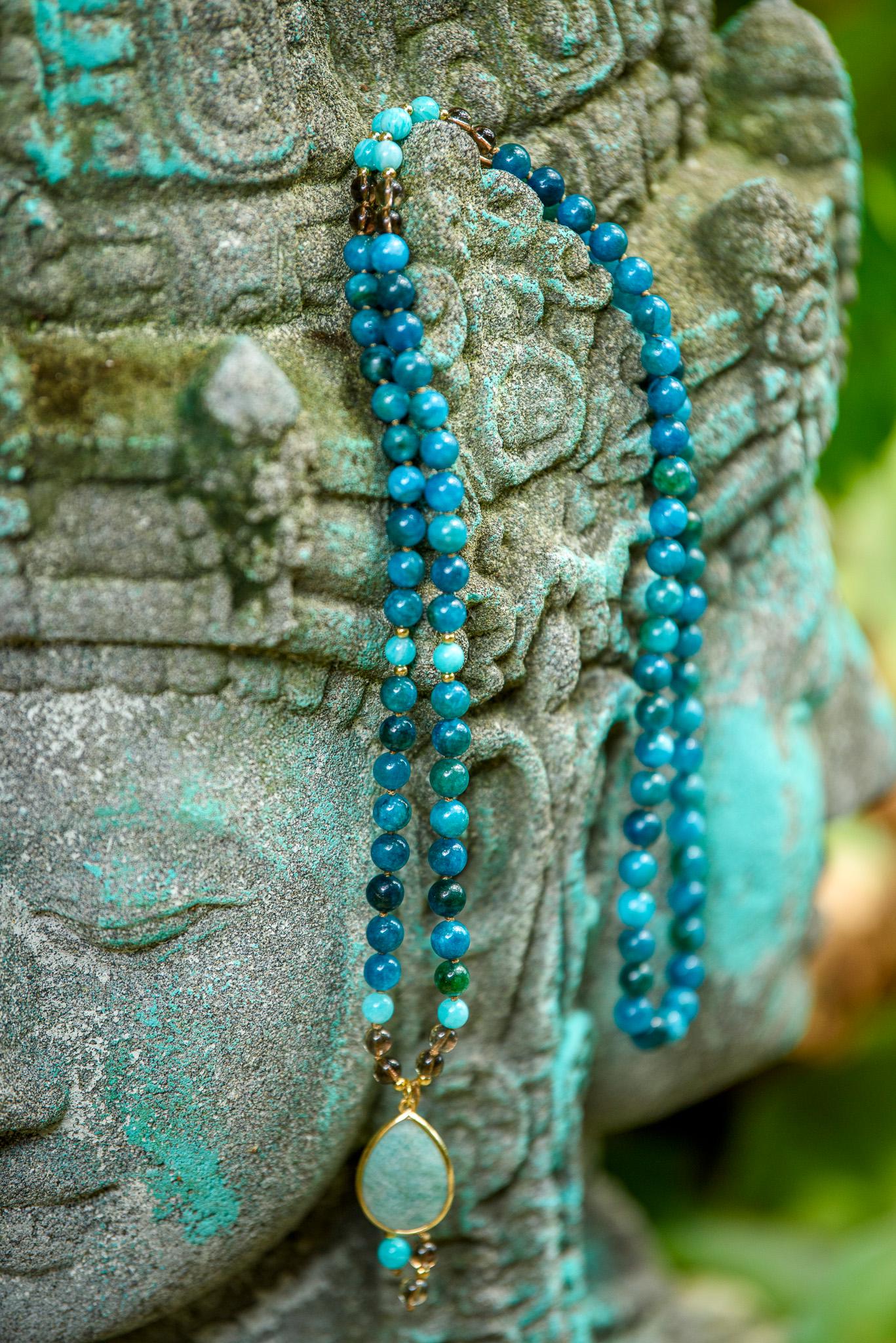 Reiki-Infused Apatite, Smokey Quartz & Amazonite Mala Necklace - 108 Gemstone Beads for Meditation, Chakra Healing and Intention Setting