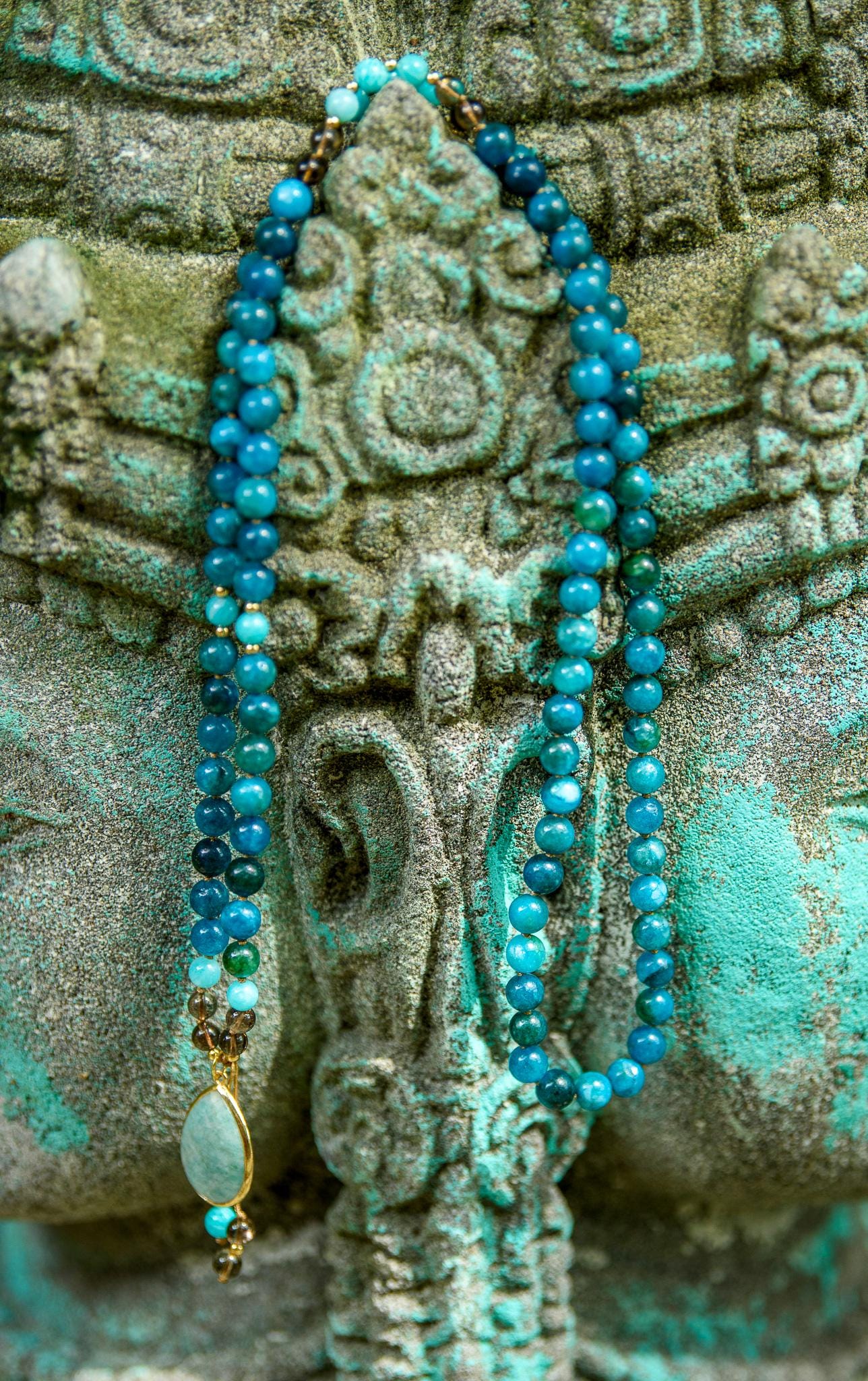 Reiki-Infused Apatite, Smokey Quartz & Amazonite Mala Necklace - 108 Gemstone Beads for Meditation, Chakra Healing and Intention Setting
