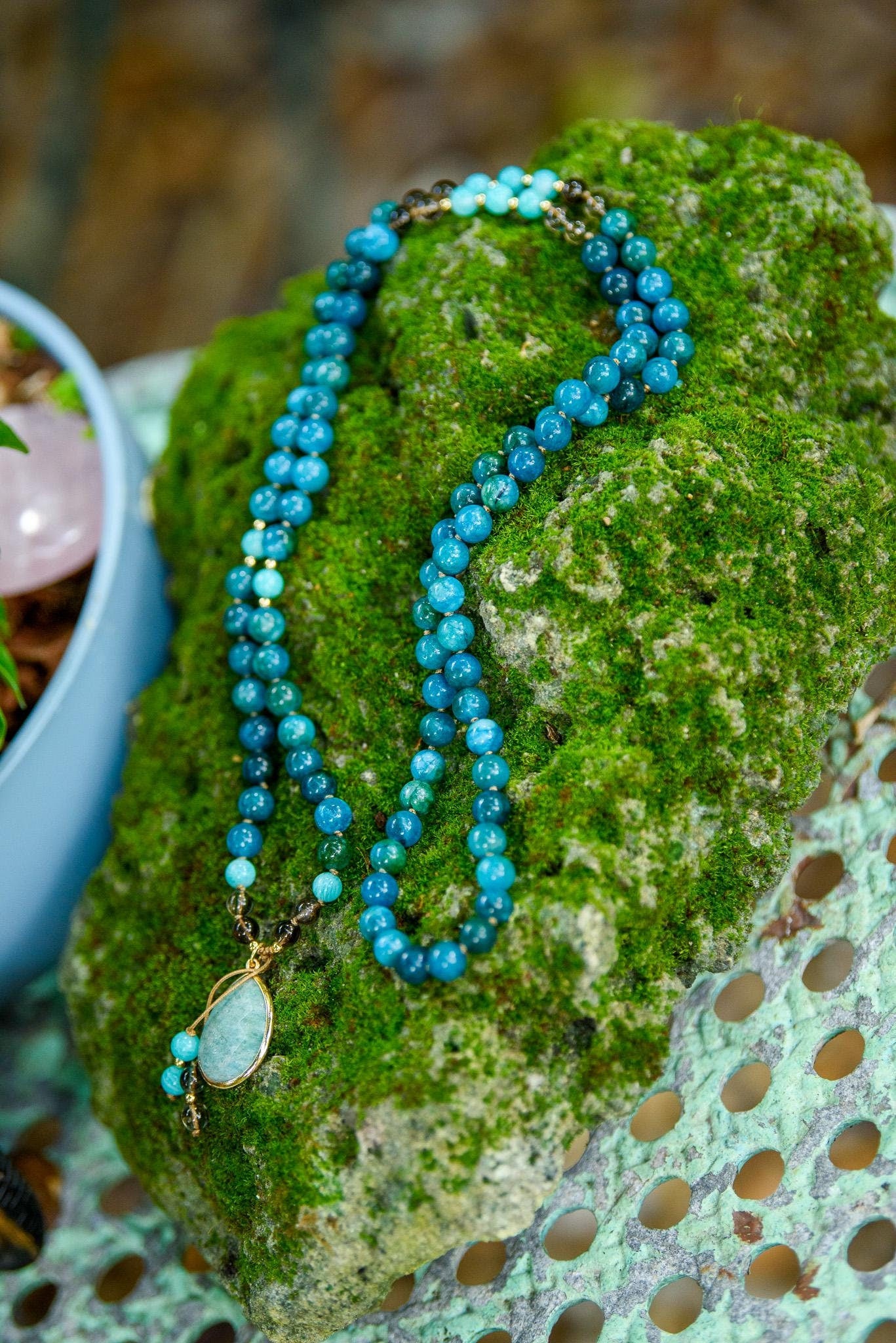Reiki-Infused Apatite, Smokey Quartz & Amazonite Mala Necklace - 108 Gemstone Beads for Meditation, Chakra Healing and Intention Setting