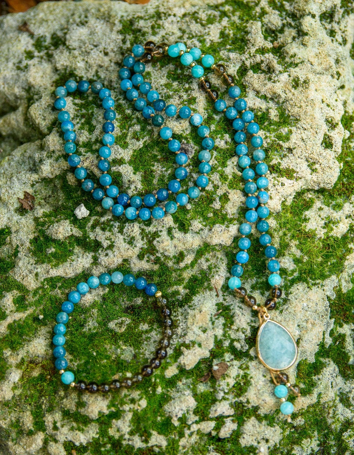 Reiki-Infused 108 Bead Mala Necklace 6mm Apatite, Smokey Quartz & Amazonite for Meditation, Chakra Healing and Spiritual Growth