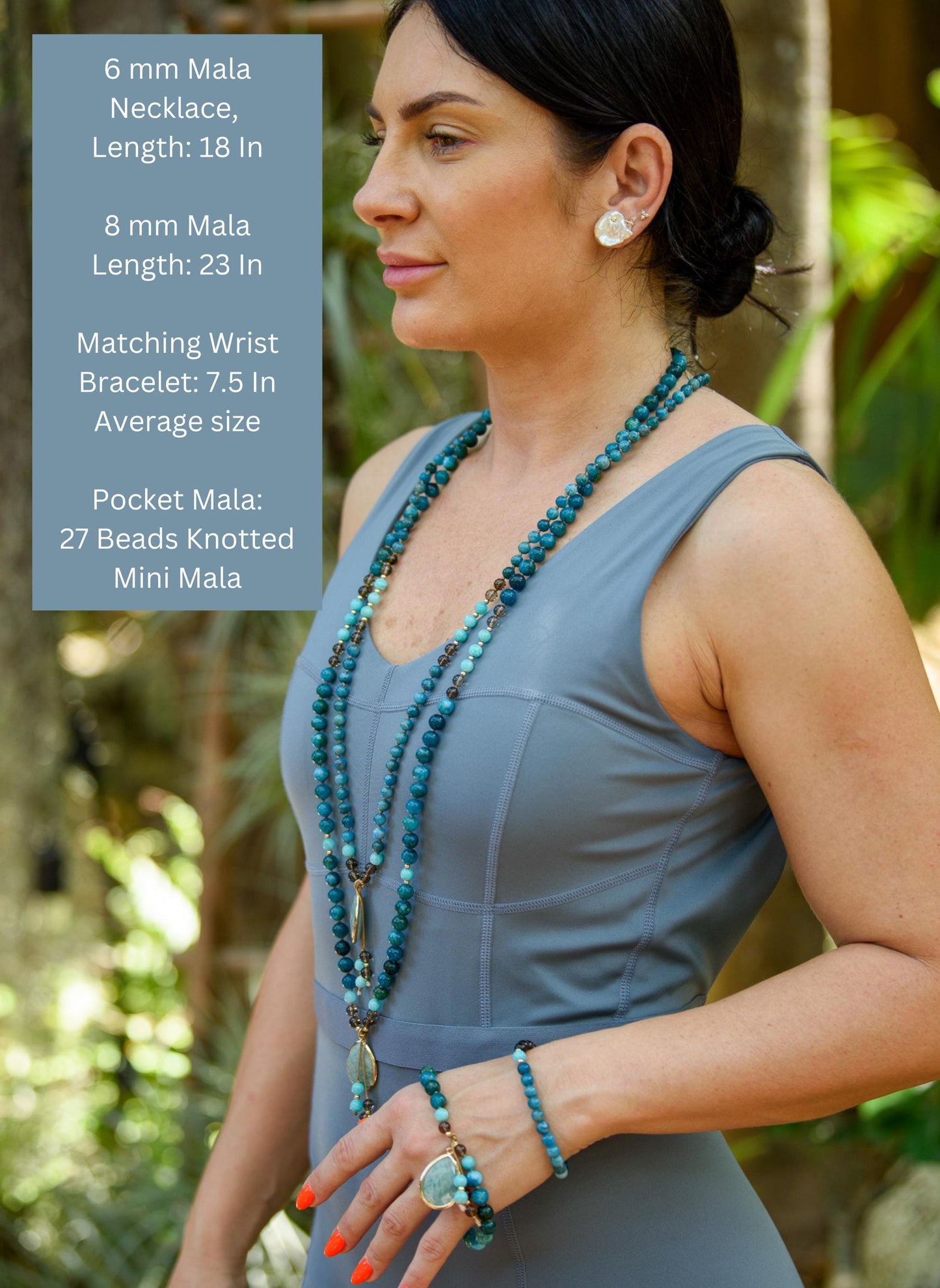 Reiki-Infused 108 Bead Mala Necklace 6mm Apatite, Smokey Quartz & Amazonite for Meditation, Chakra Healing and Spiritual Growth