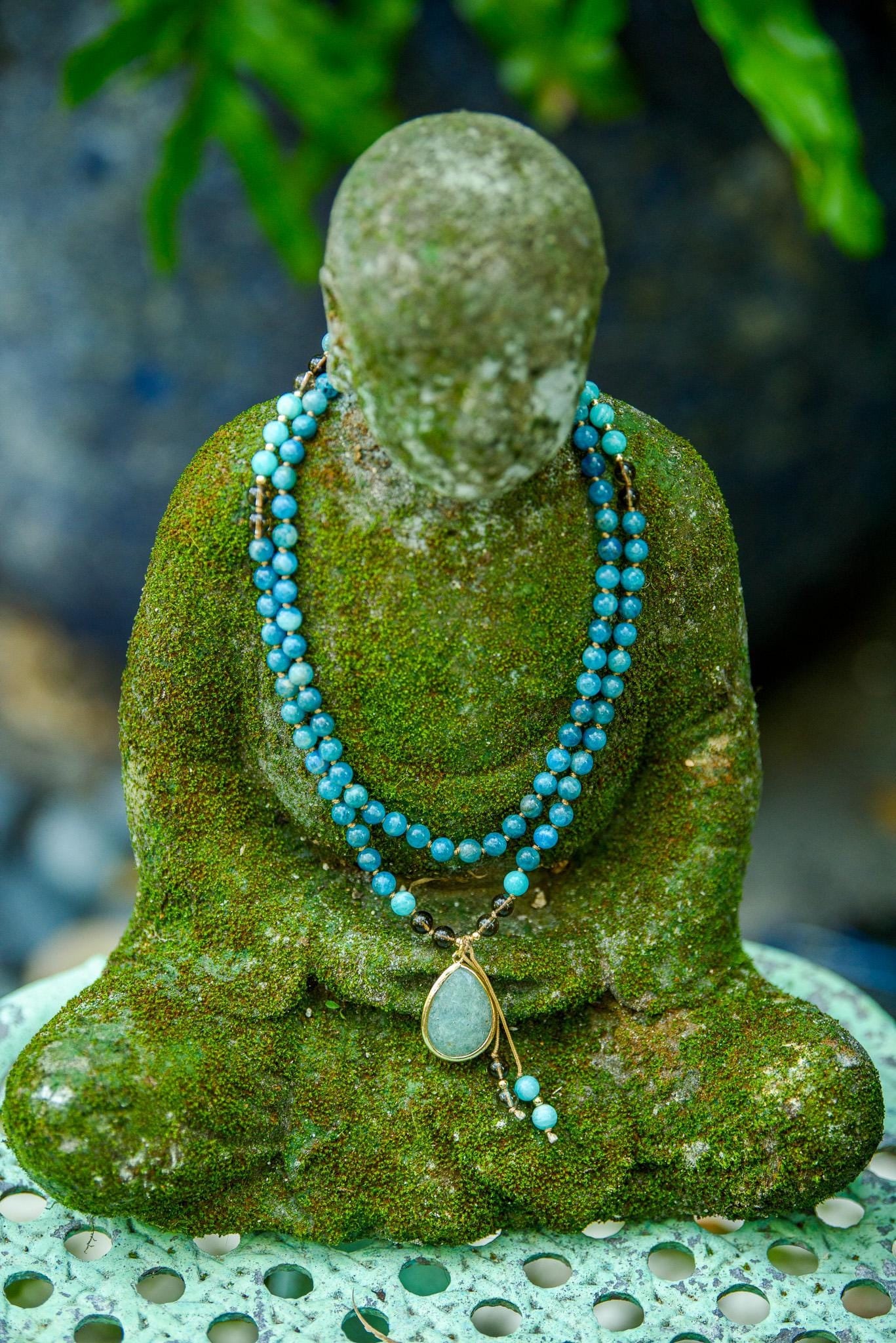 Reiki-Infused 108 Bead Mala Necklace 6mm Apatite, Smokey Quartz & Amazonite for Meditation, Chakra Healing and Spiritual Growth