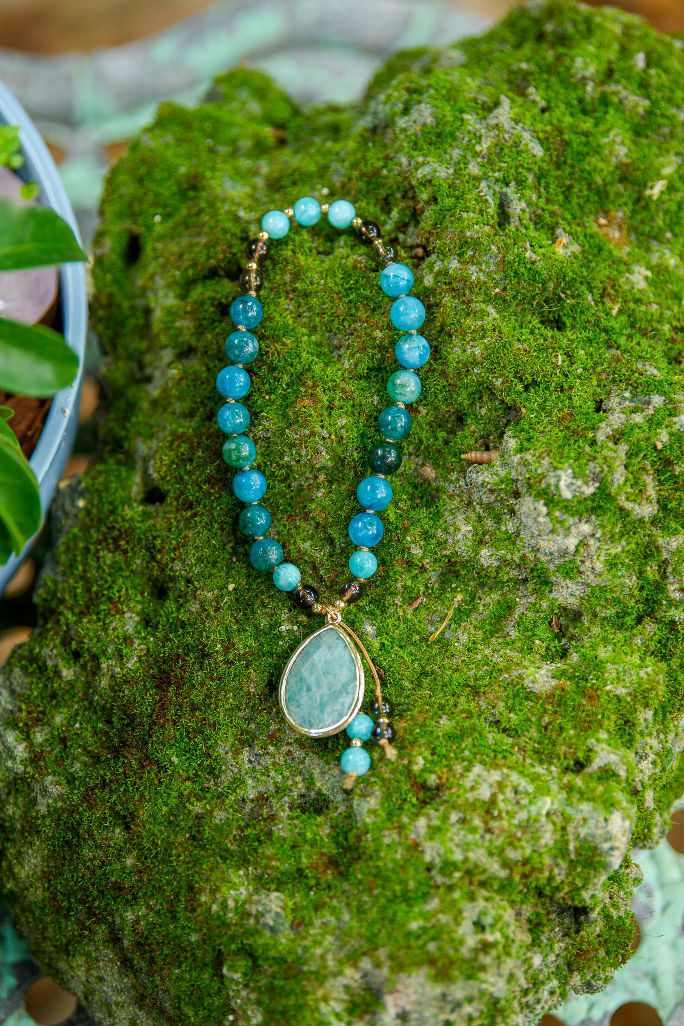 Pocket Mala & Matching Bracelet Set Apatite, Smokey Quartz, and Amazonite Beads for Meditation and Chakra Healing