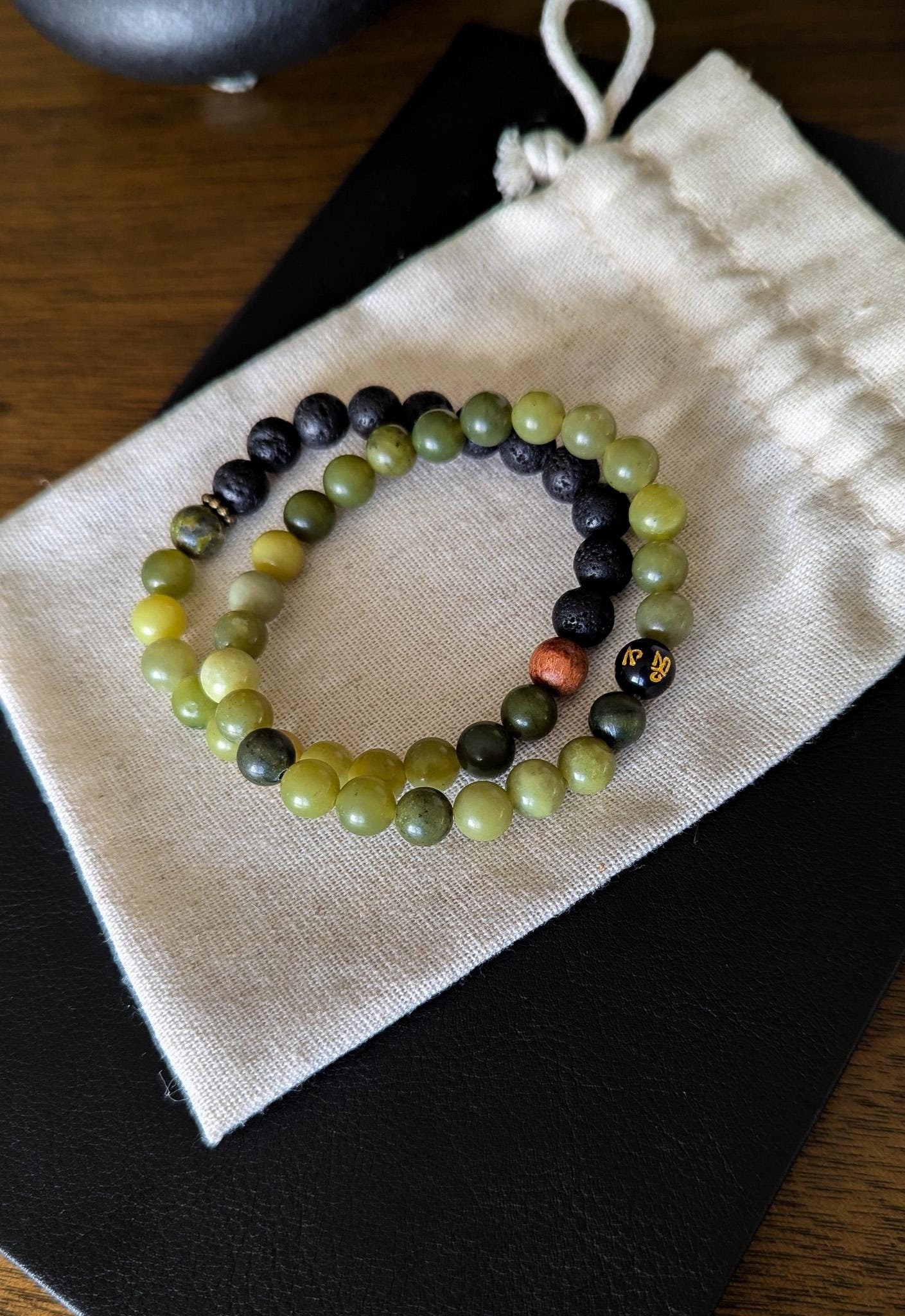 Jade & Lava Rock Bracelet Set - Reiki-Infused Healing Jewelry, Essential Oil Diffuser, Custom Sizes