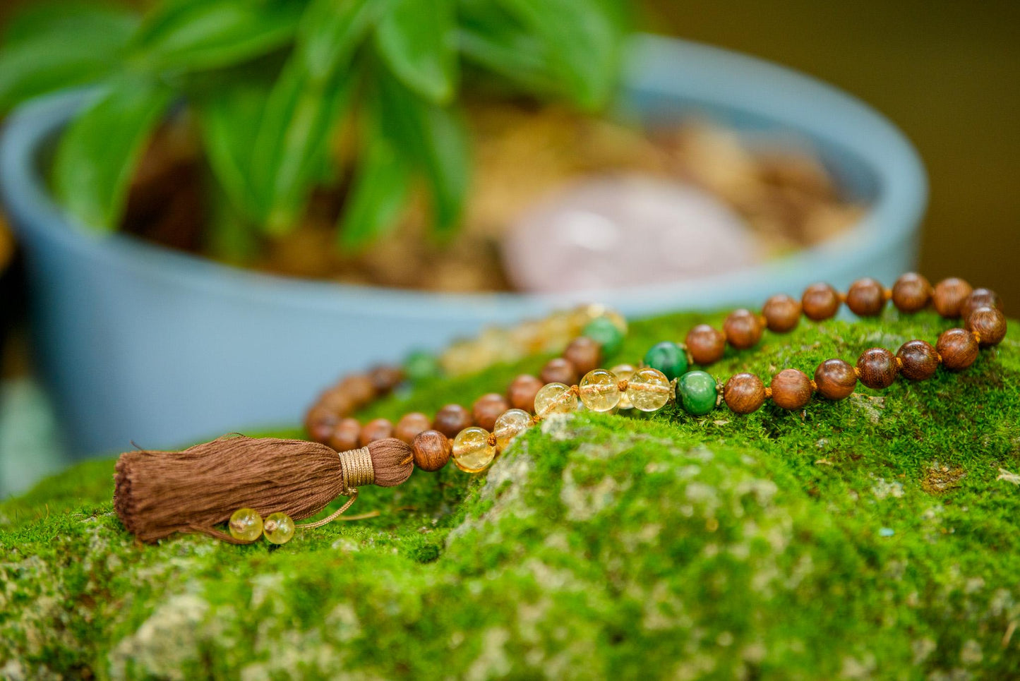 Sandalwood, Citrine & Jade Pocket Mala and Matching Bracelet Set, Hand-Knotted Mala, Meditation mala, Buddhist Beaded Mala, Yoga Lover Gift