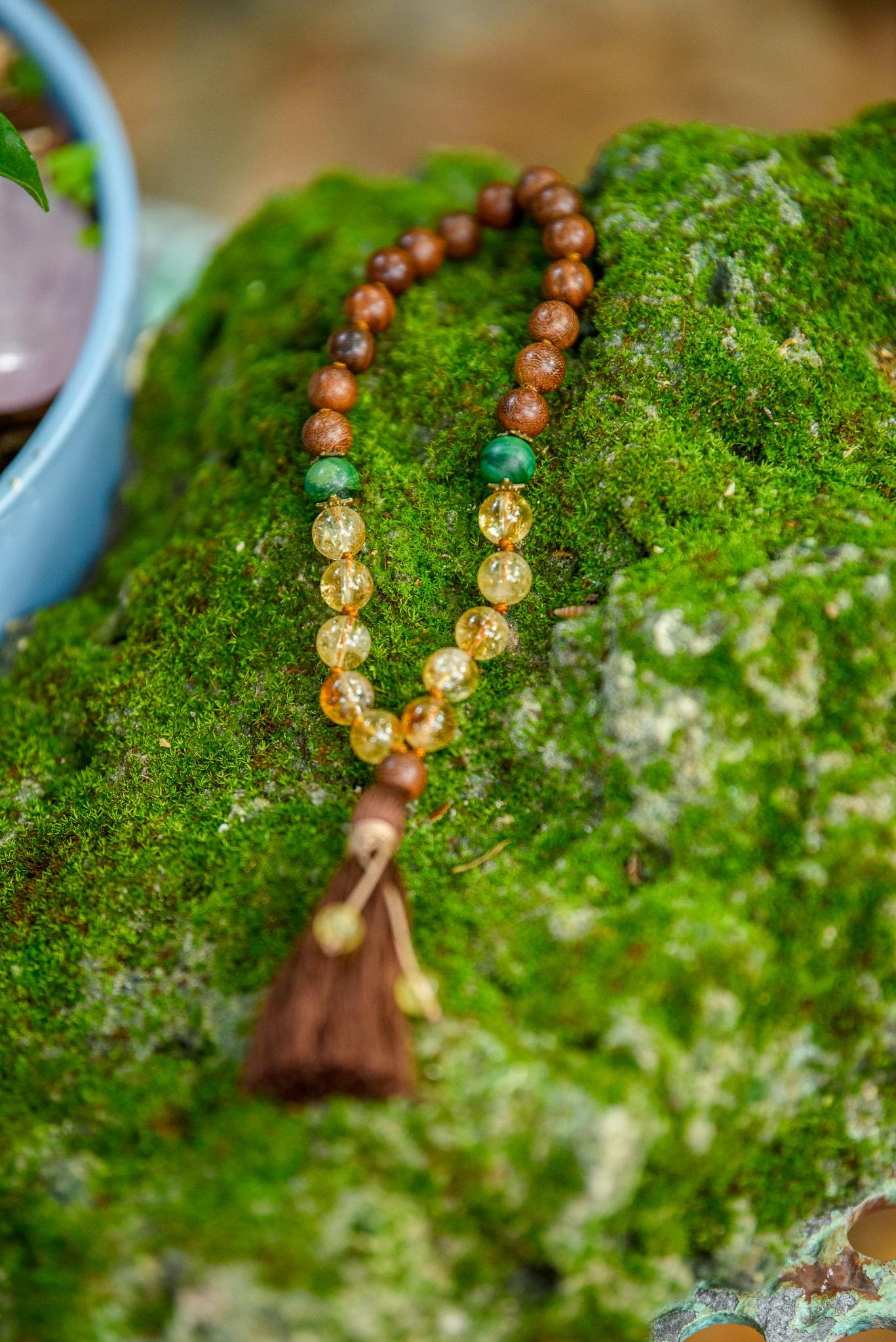 Sandalwood, Citrine & Jade Pocket Mala and Matching Bracelet Set, Hand-Knotted Mala, Meditation mala, Buddhist Beaded Mala, Yoga Lover Gift