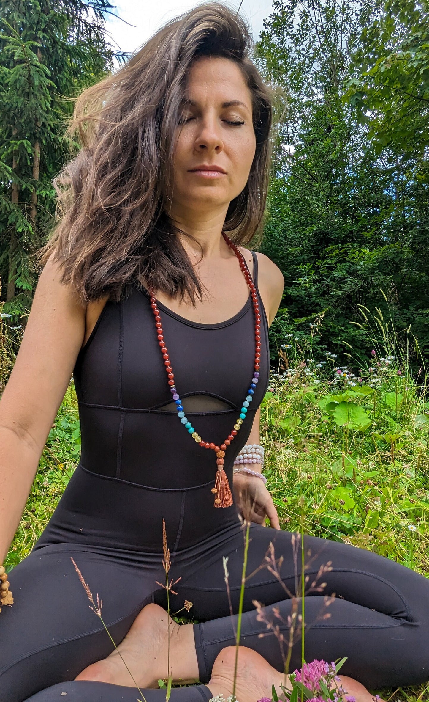 Carnelian & 7 Chakras Mala Beads 108 Reiki Infused Meditation Necklace for Chakra Alignment and Spiritual Healing