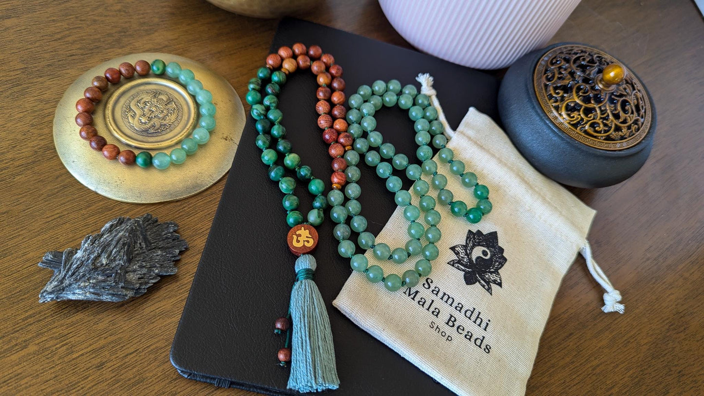 Green Aventurine, Jade, and Sandalwood 108 Mala Wrist Mala Bracelet and Pocket Mala, Abundance and Heart Chakra Healing
