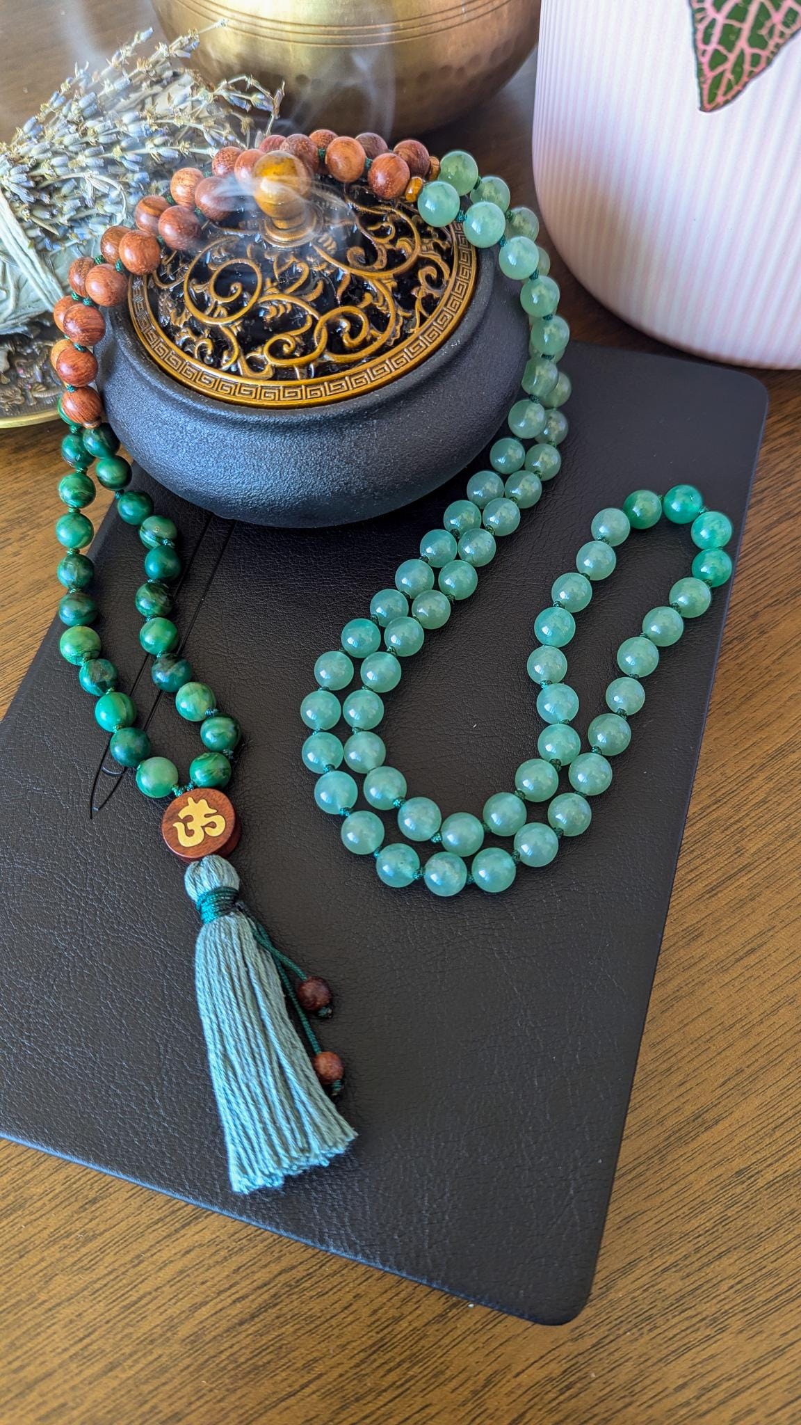 Green Aventurine, Jade, and Sandalwood 108 Mala Wrist Mala Bracelet and Pocket Mala, Abundance and Heart Chakra Healing