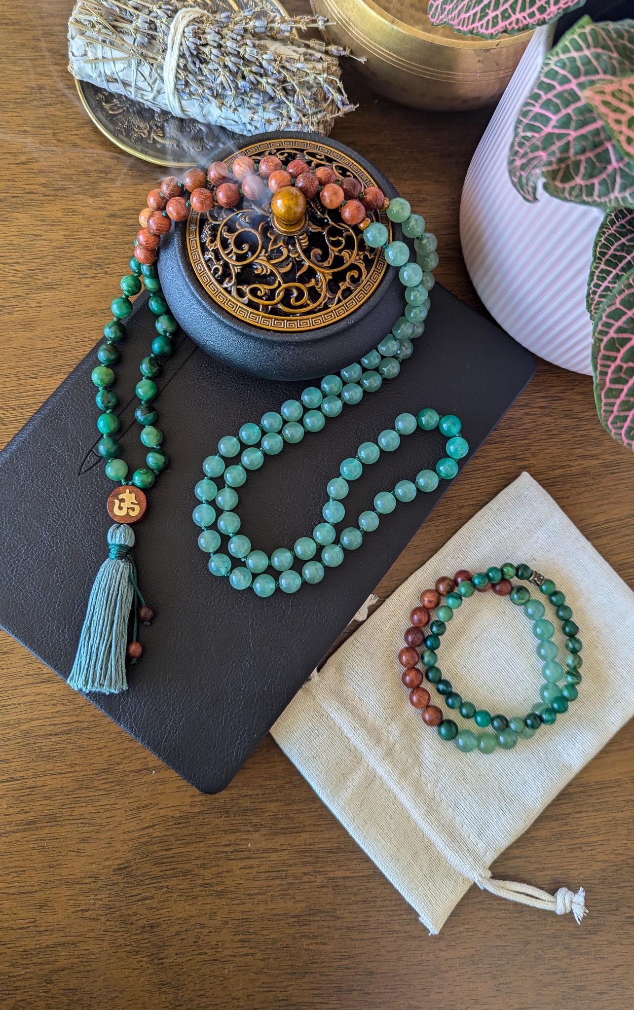 Green Aventurine, Jade, and Sandalwood 108 Mala Wrist Mala Bracelet and Pocket Mala, Abundance and Heart Chakra Healing