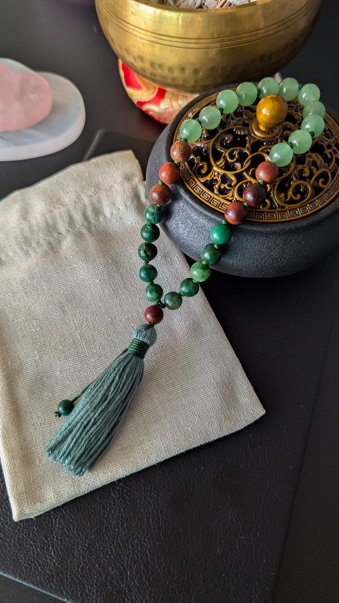 Green Aventurine, Jade, and Sandalwood 108 Mala Wrist Mala Bracelet and Pocket Mala, Abundance and Heart Chakra Healing