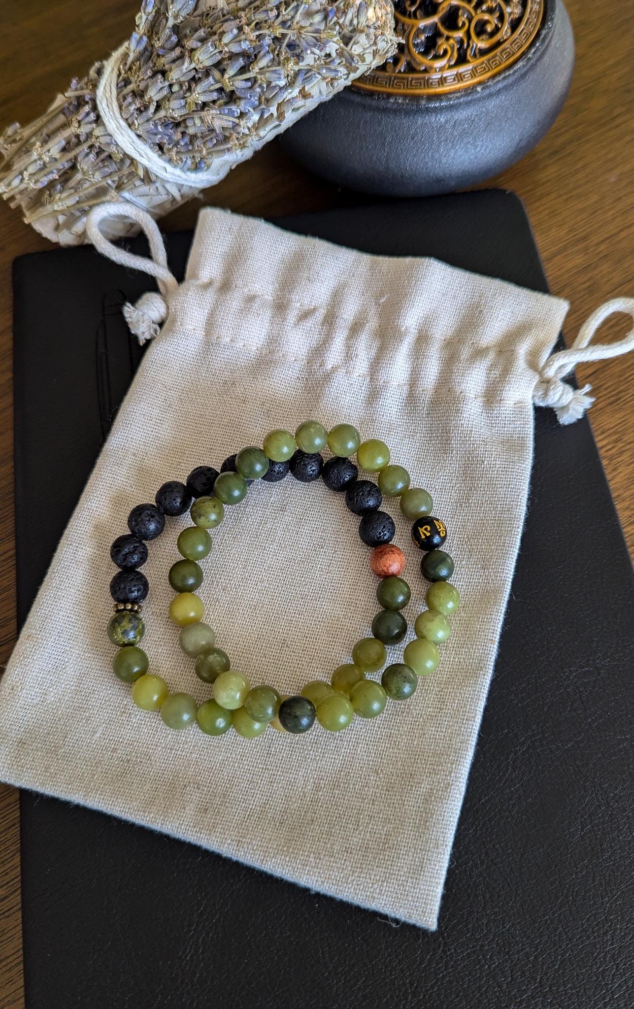 Jade & Lava Rock Bracelet Set - Reiki-Infused Healing Jewelry, Essential Oil Diffuser, Custom Sizes