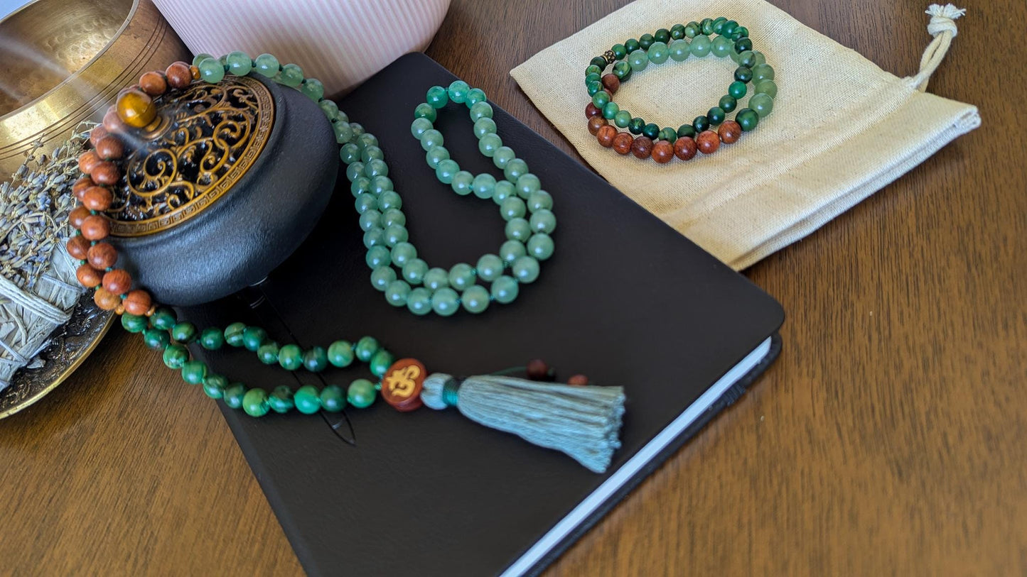 Green Aventurine, Jade, and Sandalwood 108 Mala Wrist Mala Bracelet and Pocket Mala, Abundance and Heart Chakra Healing