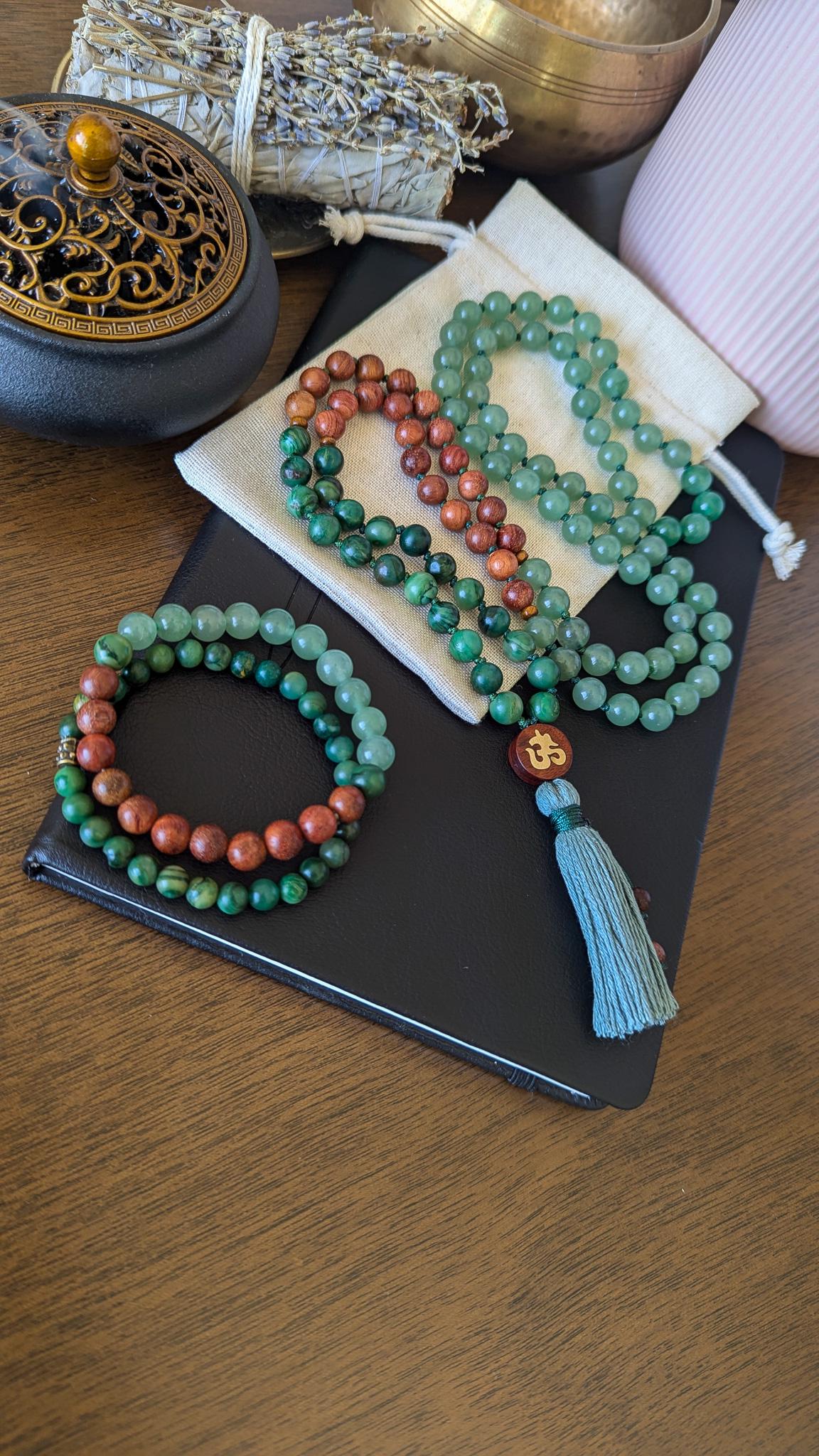 Green Aventurine, Jade, and Sandalwood 108 Mala Wrist Mala Bracelet and Pocket Mala, Abundance and Heart Chakra Healing