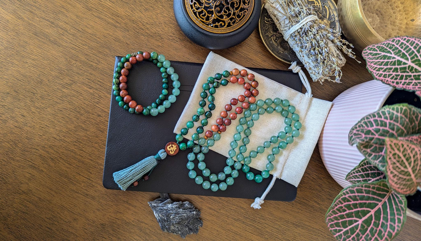 Green Aventurine, Jade, and Sandalwood 108 Mala Wrist Mala Bracelet and Pocket Mala, Abundance and Heart Chakra Healing