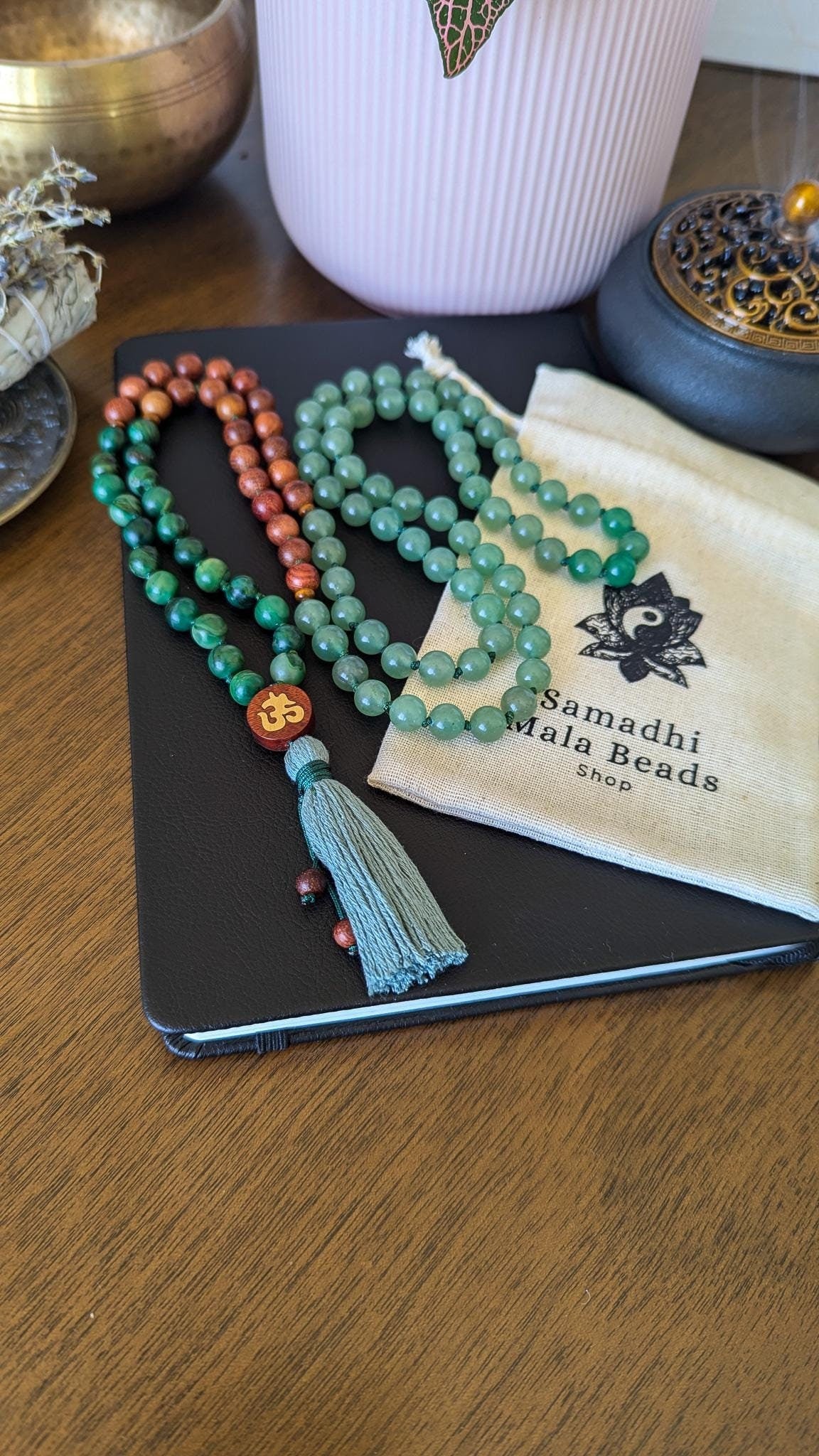 Green Aventurine, Jade, and Sandalwood 108 Mala Wrist Mala Bracelet and Pocket Mala, Abundance and Heart Chakra Healing