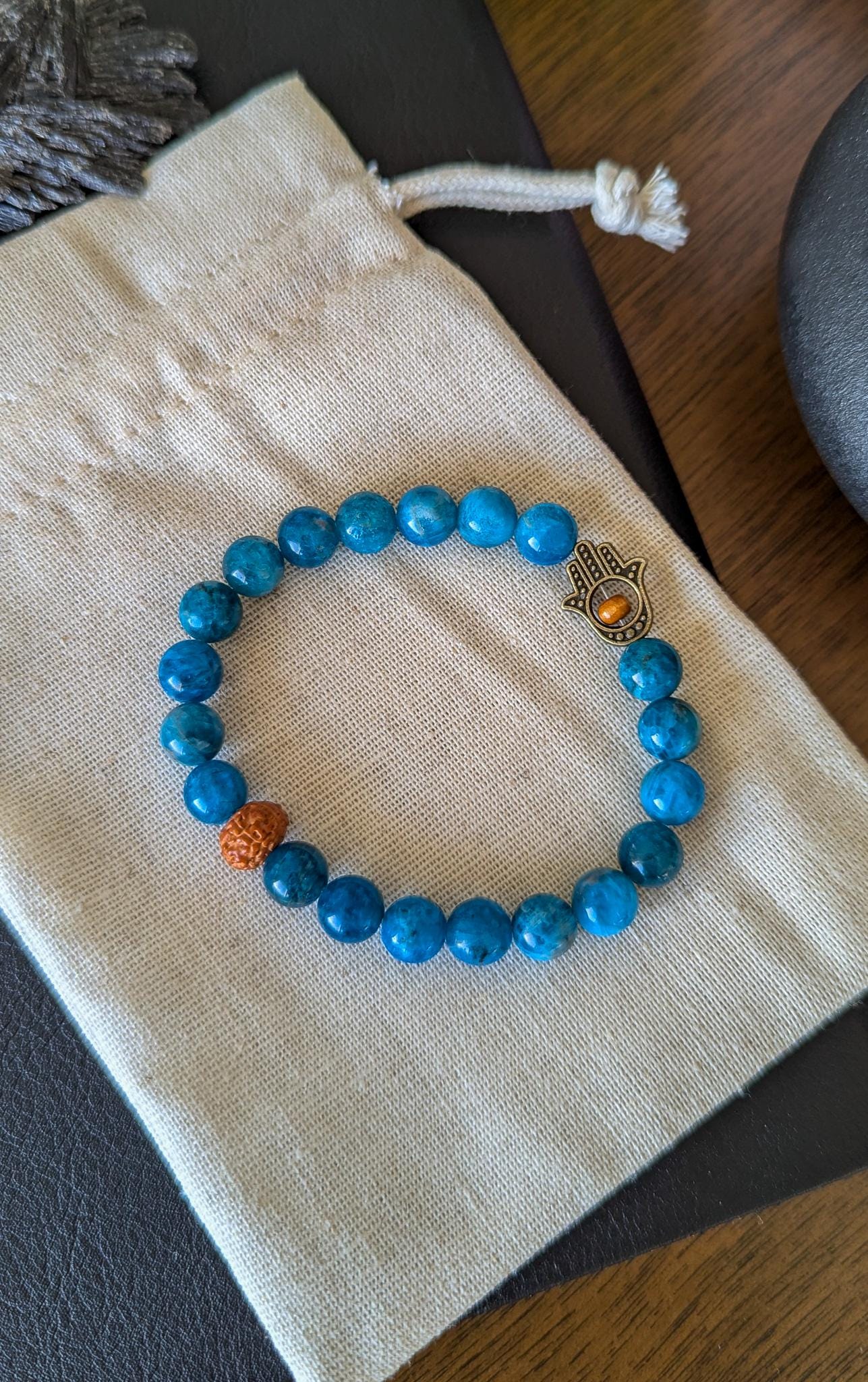 Blue Apatite and Serpentine Bracelet Set 8mm Stretch Mala Bracelets with Hamsa Hand for Protection & Balance
