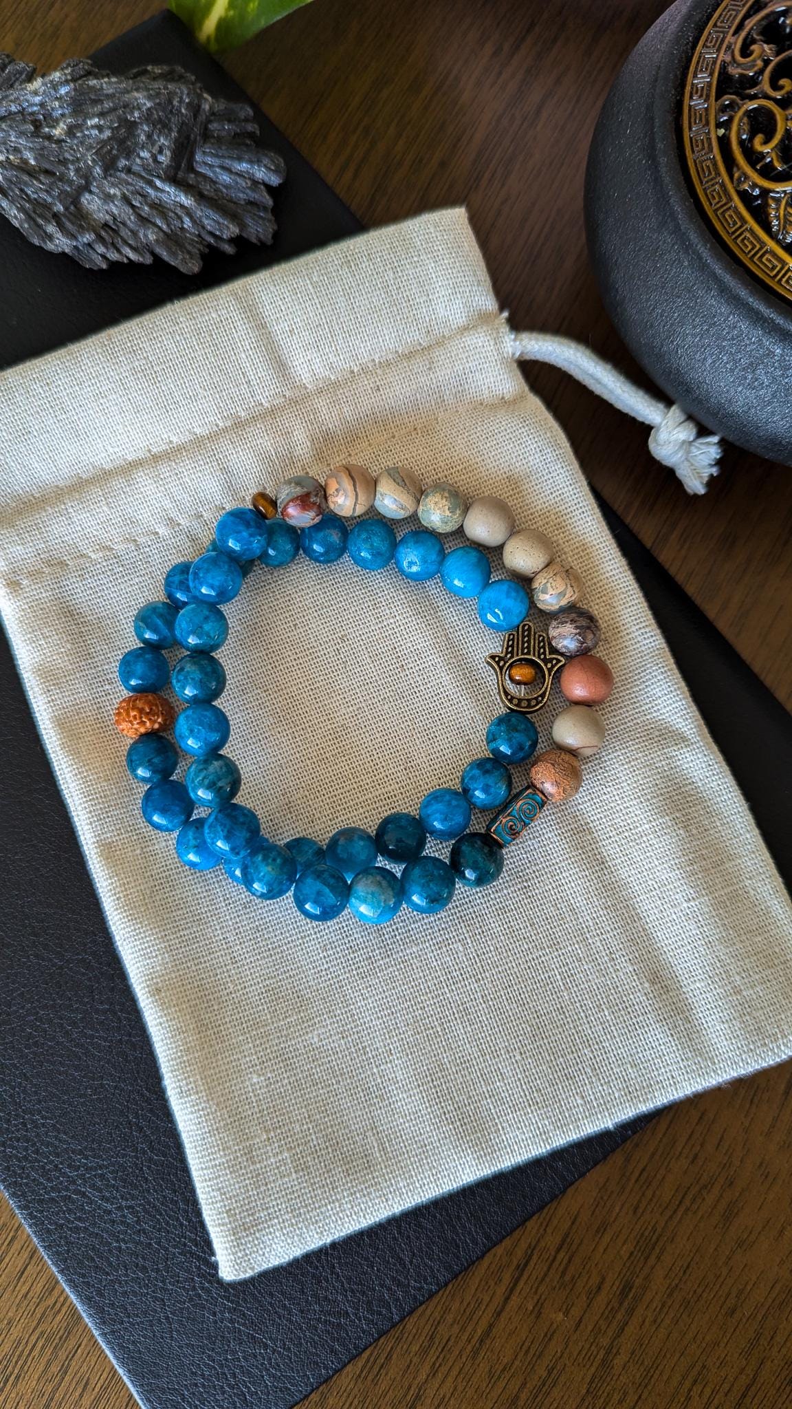 Blue Apatite and Serpentine Bracelet Set 8mm Stretch Mala Bracelets with Hamsa Hand for Protection & Balance