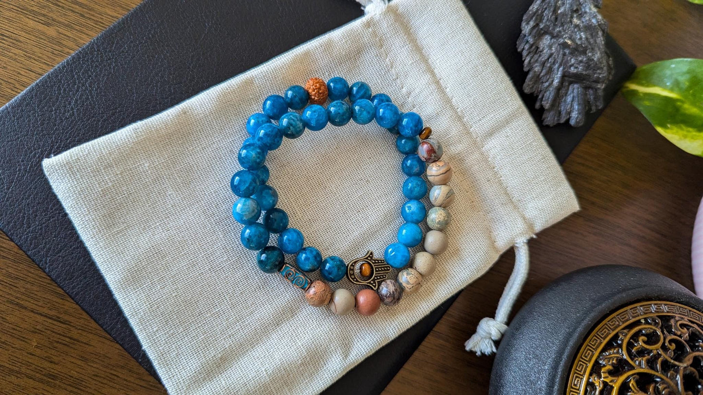 Blue Apatite and Serpentine Bracelet Set 8mm Stretch Mala Bracelets with Hamsa Hand for Protection & Balance