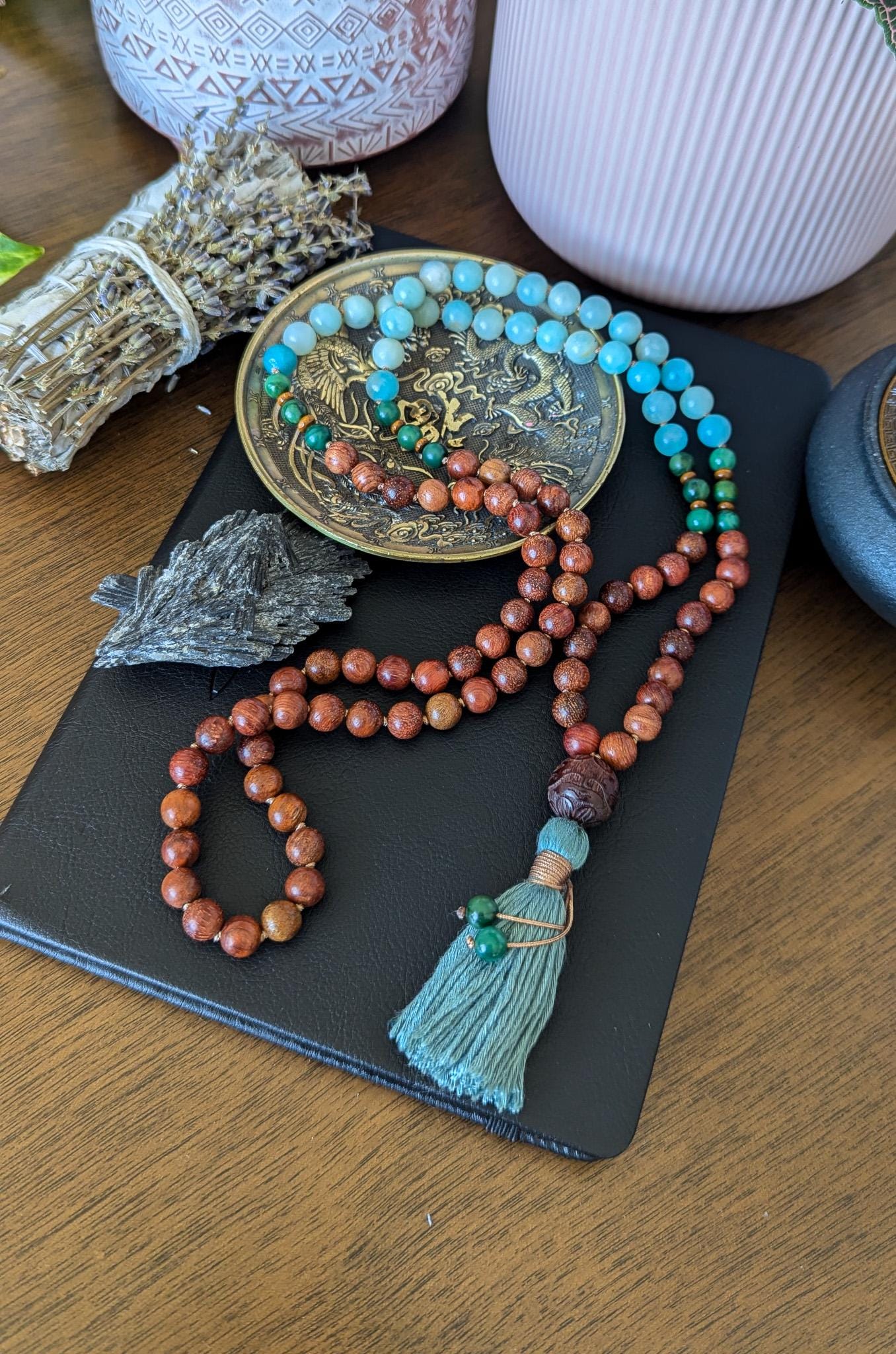 Sandalwood and Amazonite Mala Necklace 108 A Sacred Tool for Meditation, Balance & Spiritual Connection