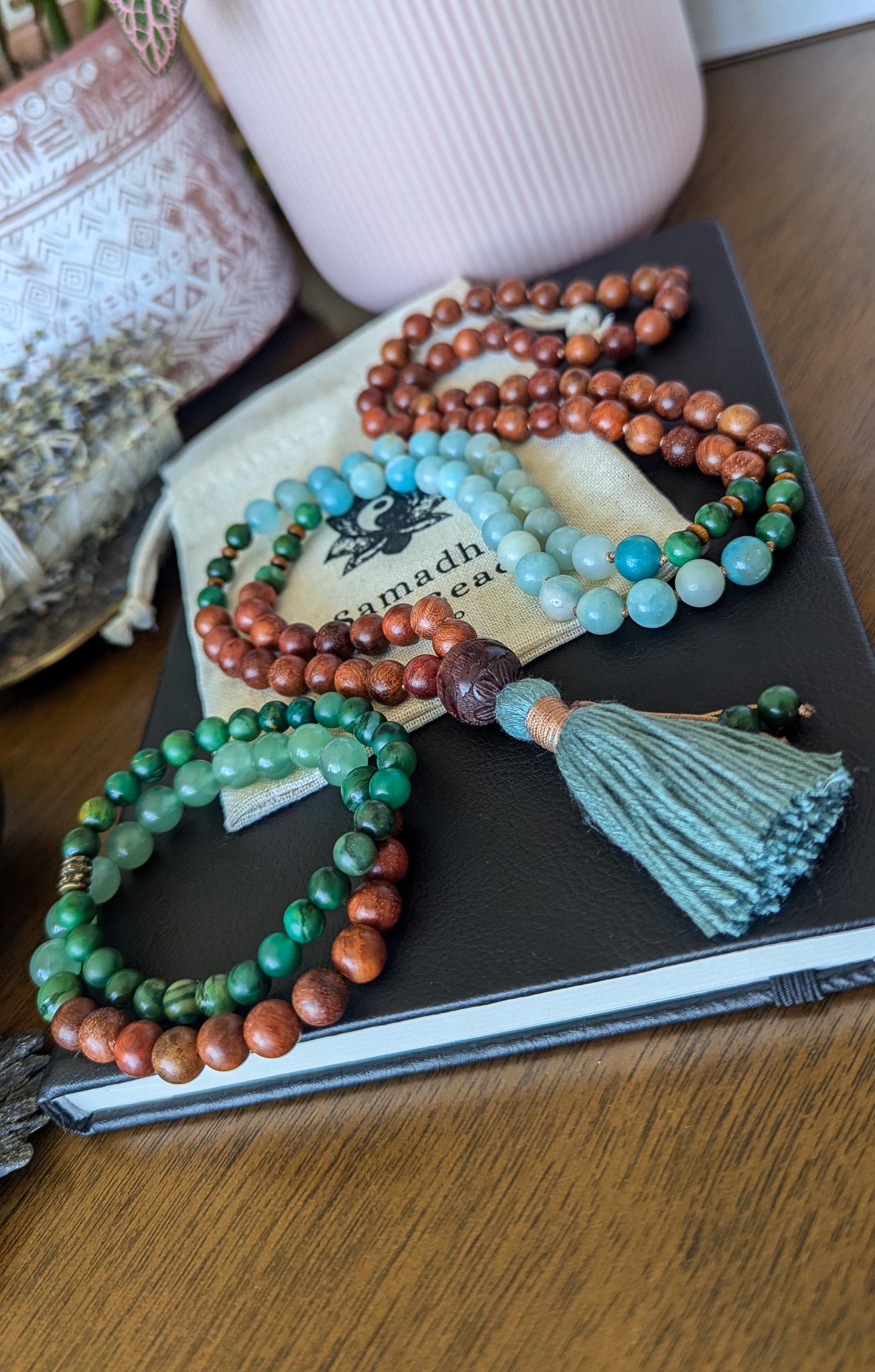 Sandalwood and Amazonite Mala Necklace 108 A Sacred Tool for Meditation, Balance & Spiritual Connection
