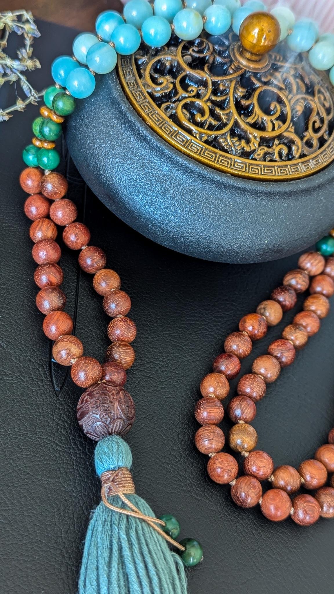 Sandalwood and Amazonite Mala Necklace 108 A Sacred Tool for Meditation, Balance & Spiritual Connection
