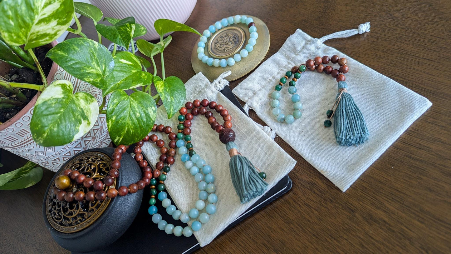Sandalwood and Amazonite Mala Necklace 108 A Sacred Tool for Meditation, Balance & Spiritual Connection
