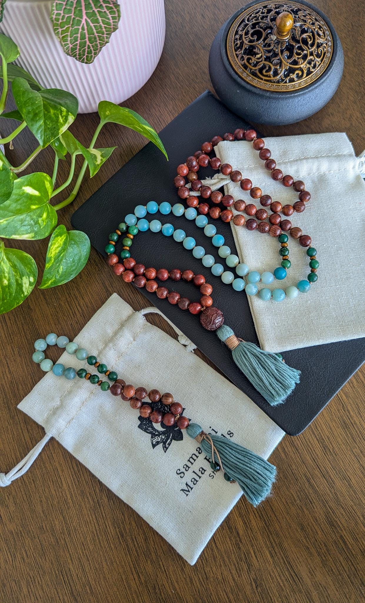 Sandalwood and Amazonite Mala Necklace 108 A Sacred Tool for Meditation, Balance & Spiritual Connection