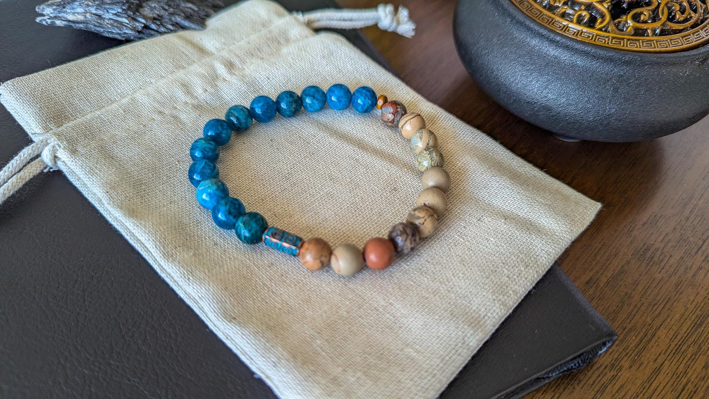 Blue Apatite and Serpentine Bracelet Set 8mm Stretch Mala Bracelets with Hamsa Hand for Protection & Balance