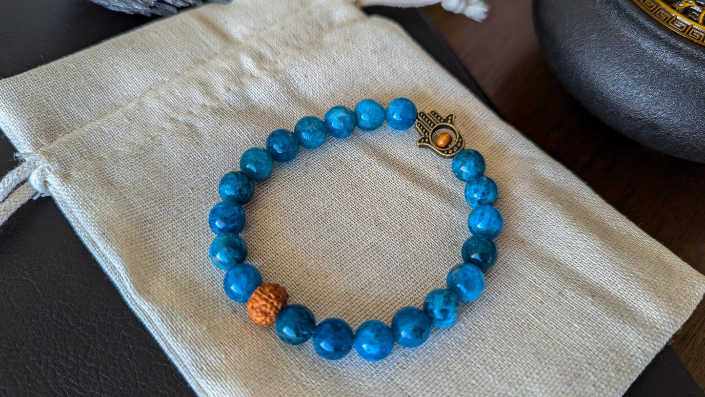 Blue Apatite and Serpentine Bracelet Set 8mm Stretch Mala Bracelets with Hamsa Hand for Protection & Balance