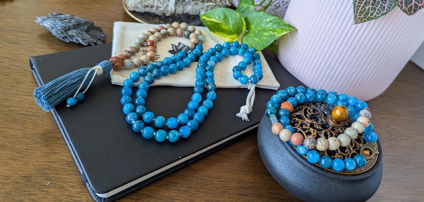 Blue Apatite and Serpentine Bracelet Set 8mm Stretch Mala Bracelets with Hamsa Hand for Protection & Balance
