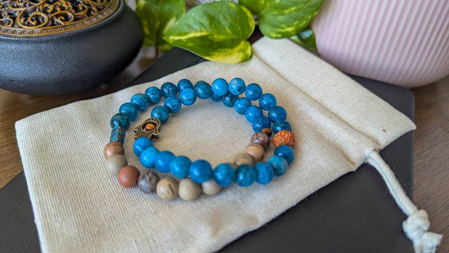 Blue Apatite and Serpentine Bracelet Set 8mm Stretch Mala Bracelets with Hamsa Hand for Protection & Balance