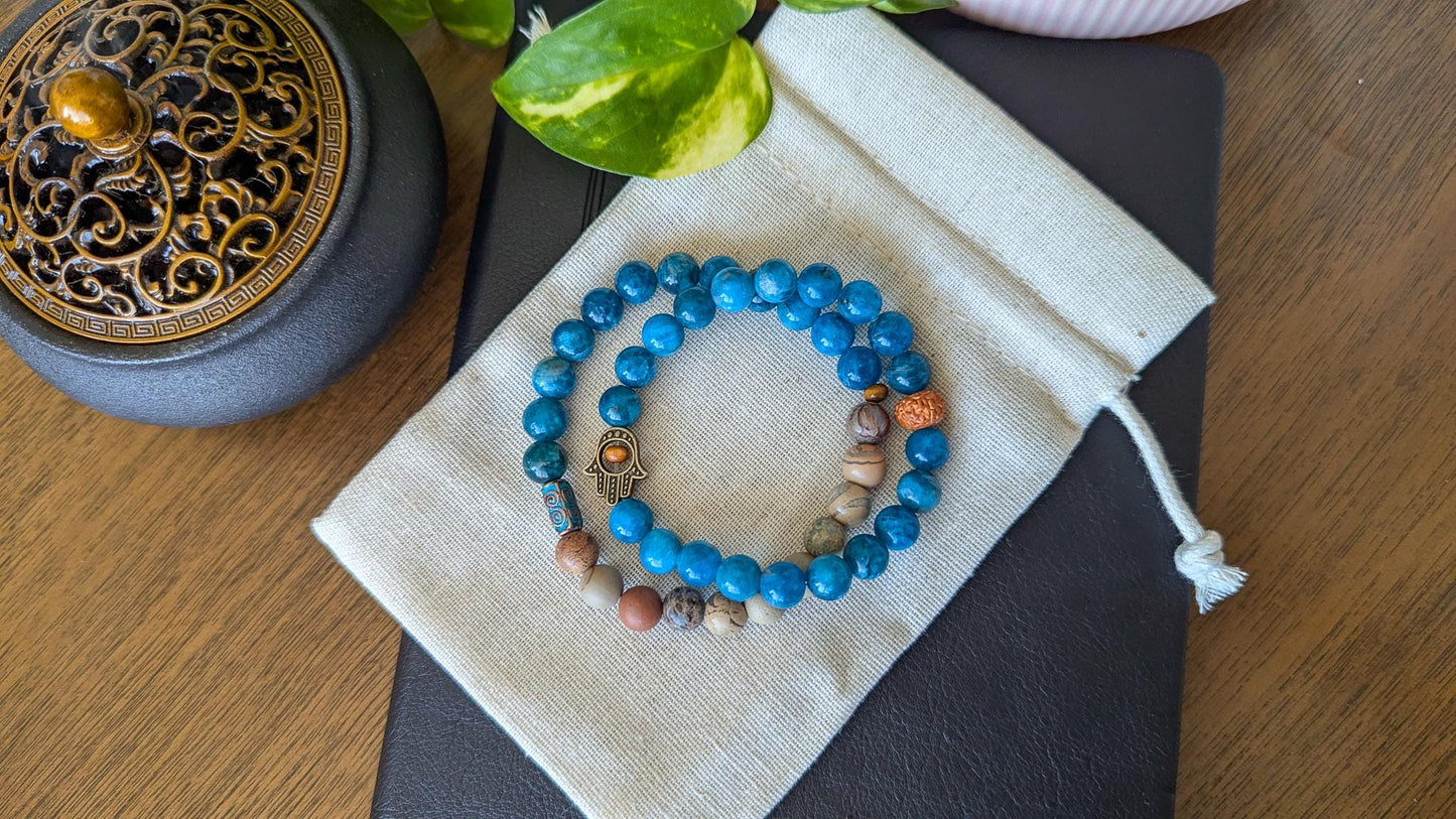 Blue Apatite and Serpentine Bracelet Set 8mm Stretch Mala Bracelets with Hamsa Hand for Protection & Balance