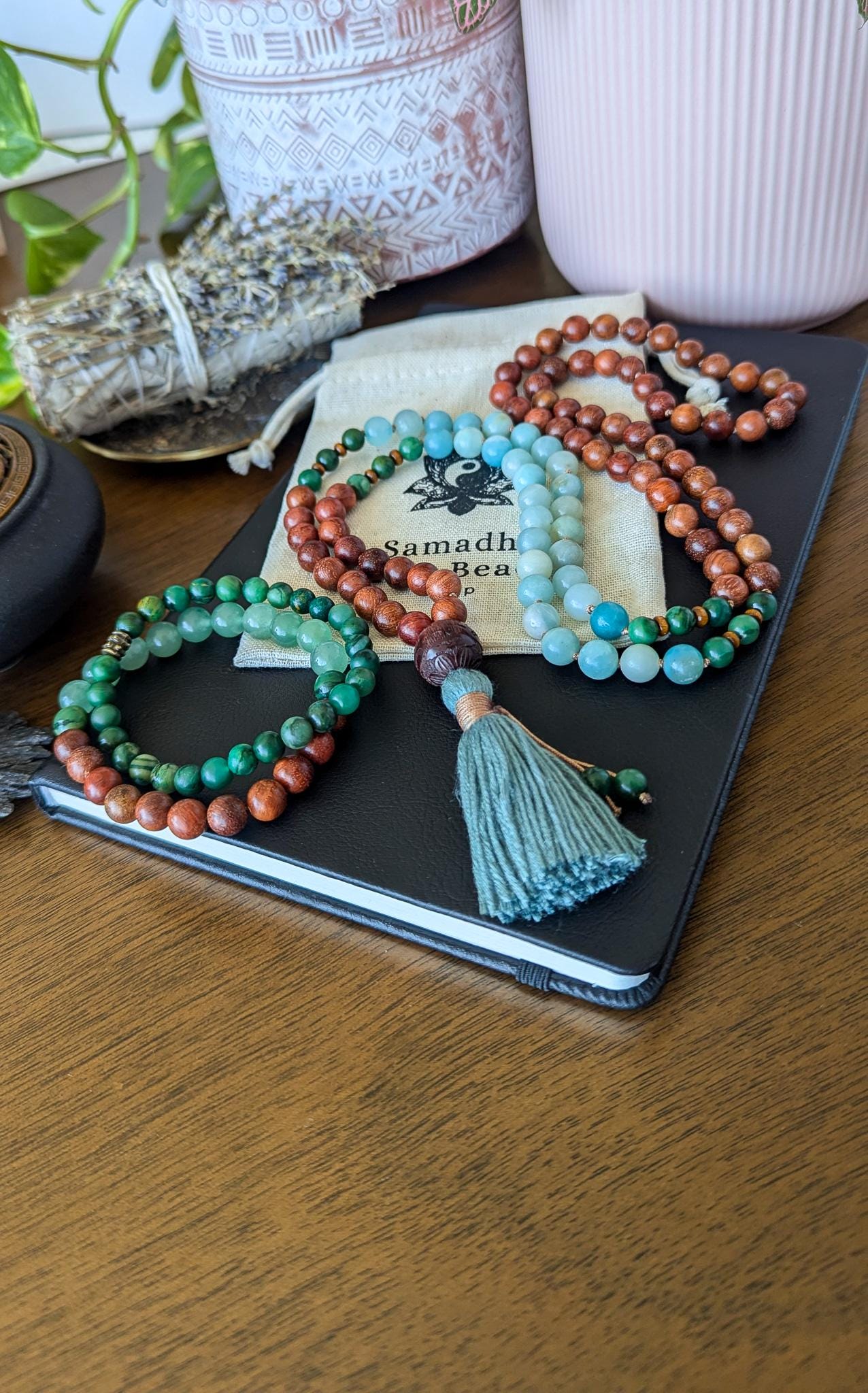 Sandalwood and Amazonite Mala Necklace 108 A Sacred Tool for Meditation, Balance & Spiritual Connection