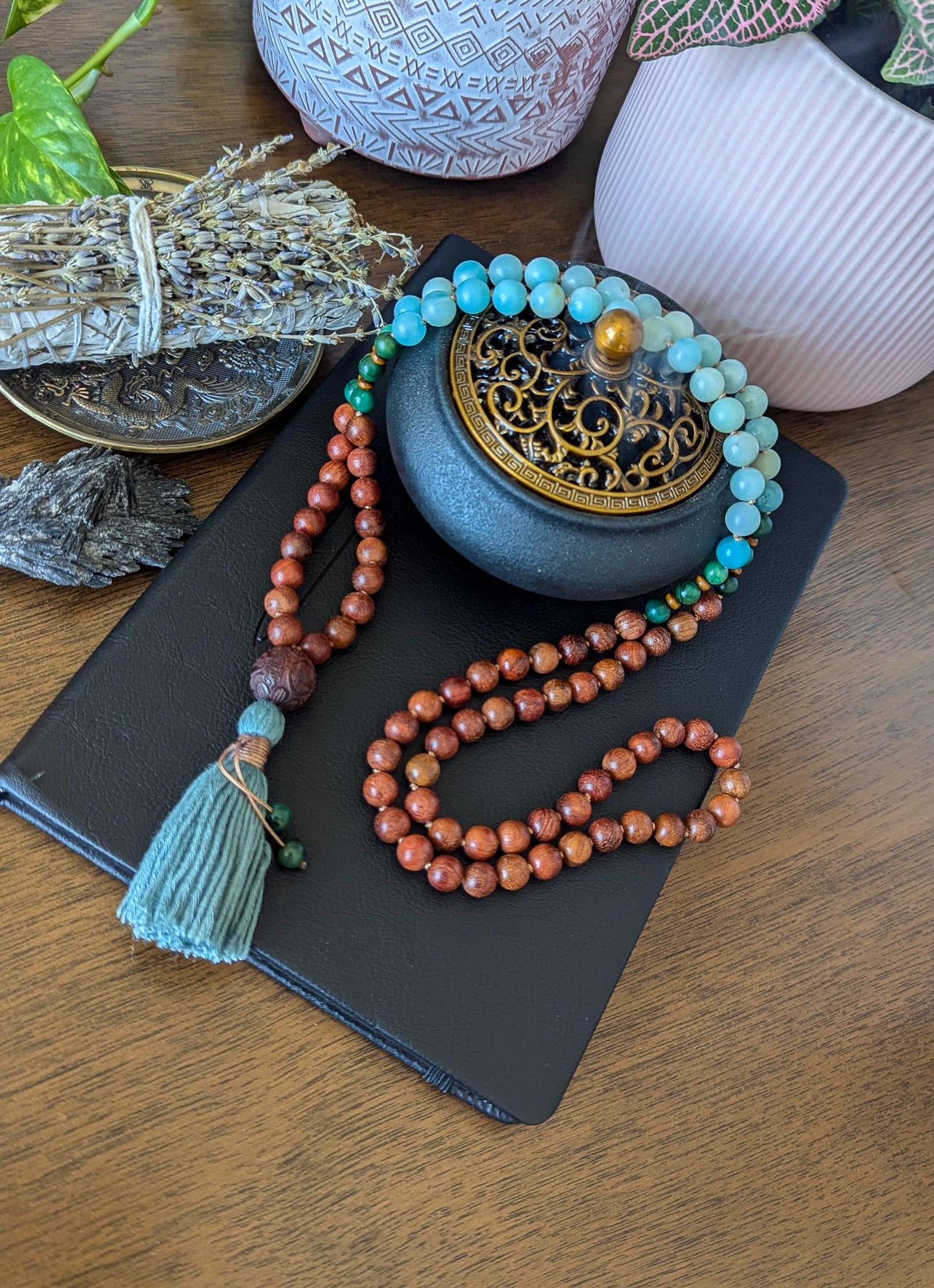 Sandalwood and Amazonite Mala Necklace 108 A Sacred Tool for Meditation, Balance & Spiritual Connection