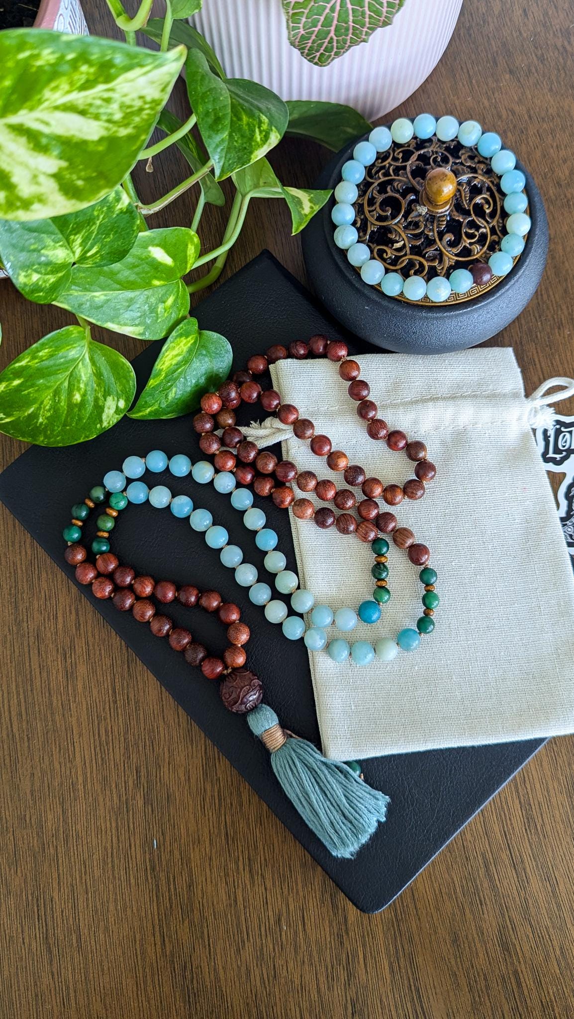 Sandalwood and Amazonite Mala Necklace 108 A Sacred Tool for Meditation, Balance & Spiritual Connection