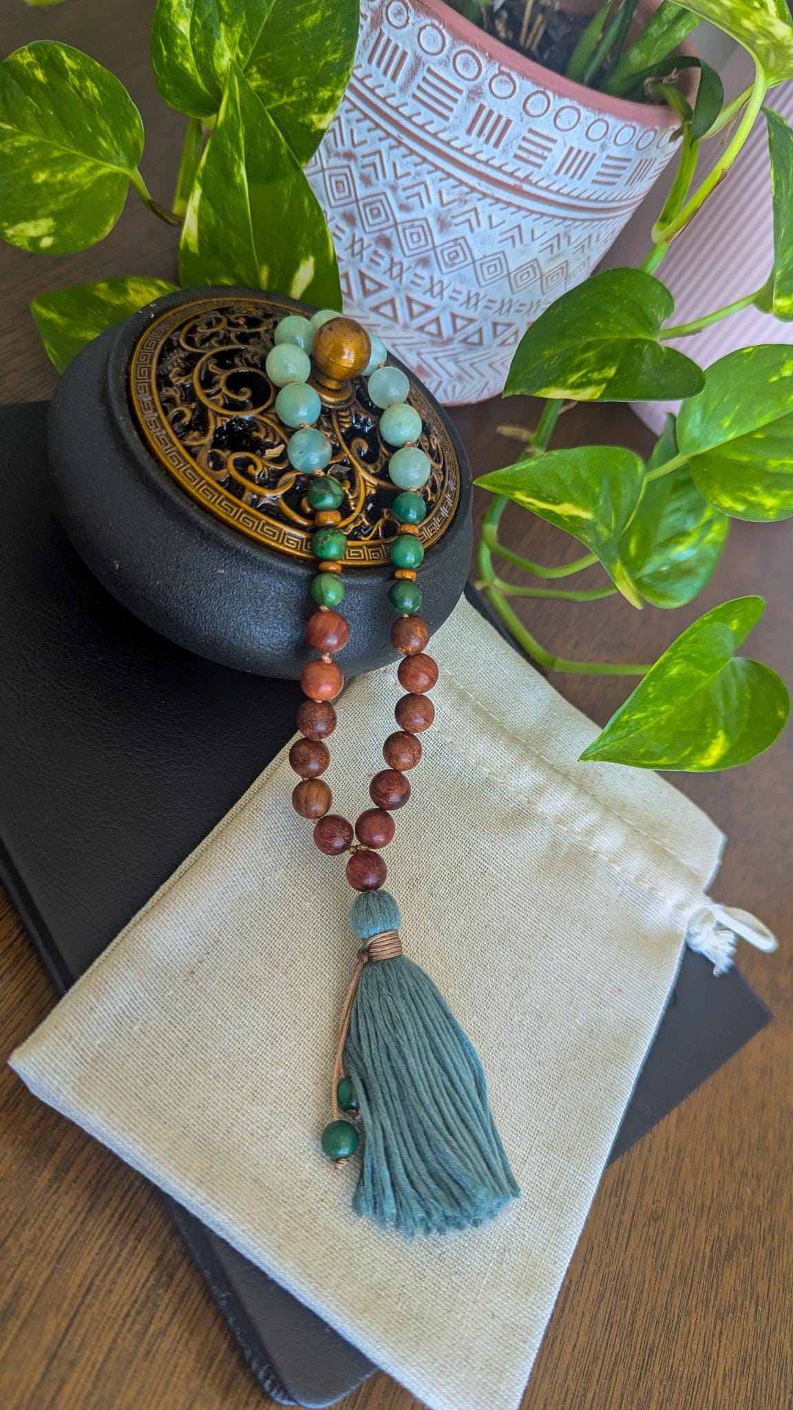 Sandalwood and Amazonite Mala Necklace 108 A Sacred Tool for Meditation, Balance & Spiritual Connection