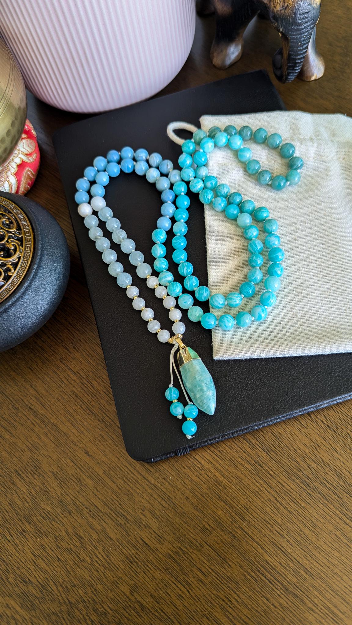 Amazonite, Larimar, Aquamarine & Moonstone Mala  108 Bead Reiki-Infused Meditation Necklace with Amazonite Pendant