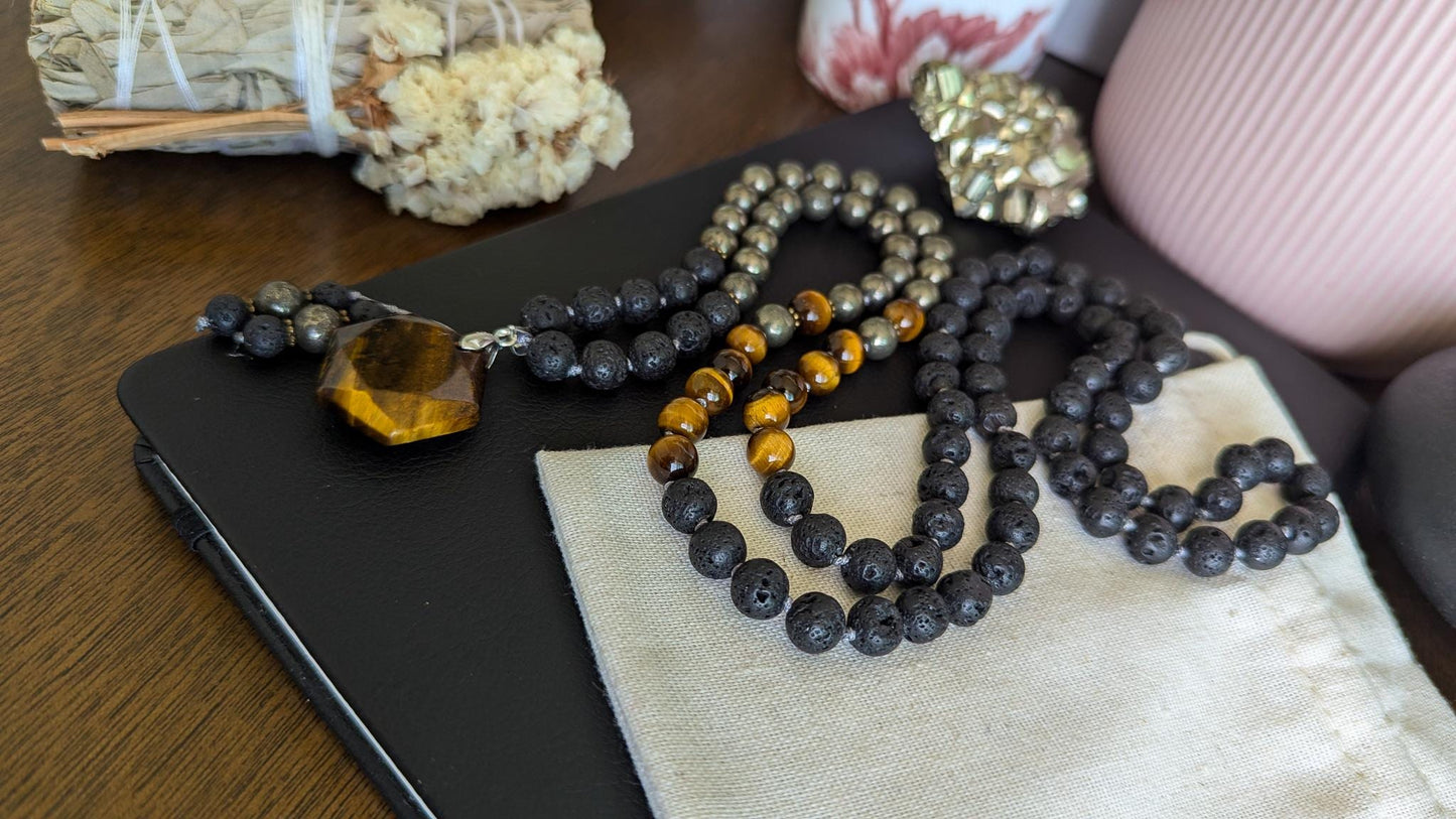 Power & Protection Tigers Eye Mala 108 Beads Lava Rock, Pyrite and Tigers Eye Necklace, Japa Mala for Meditation and Grounding