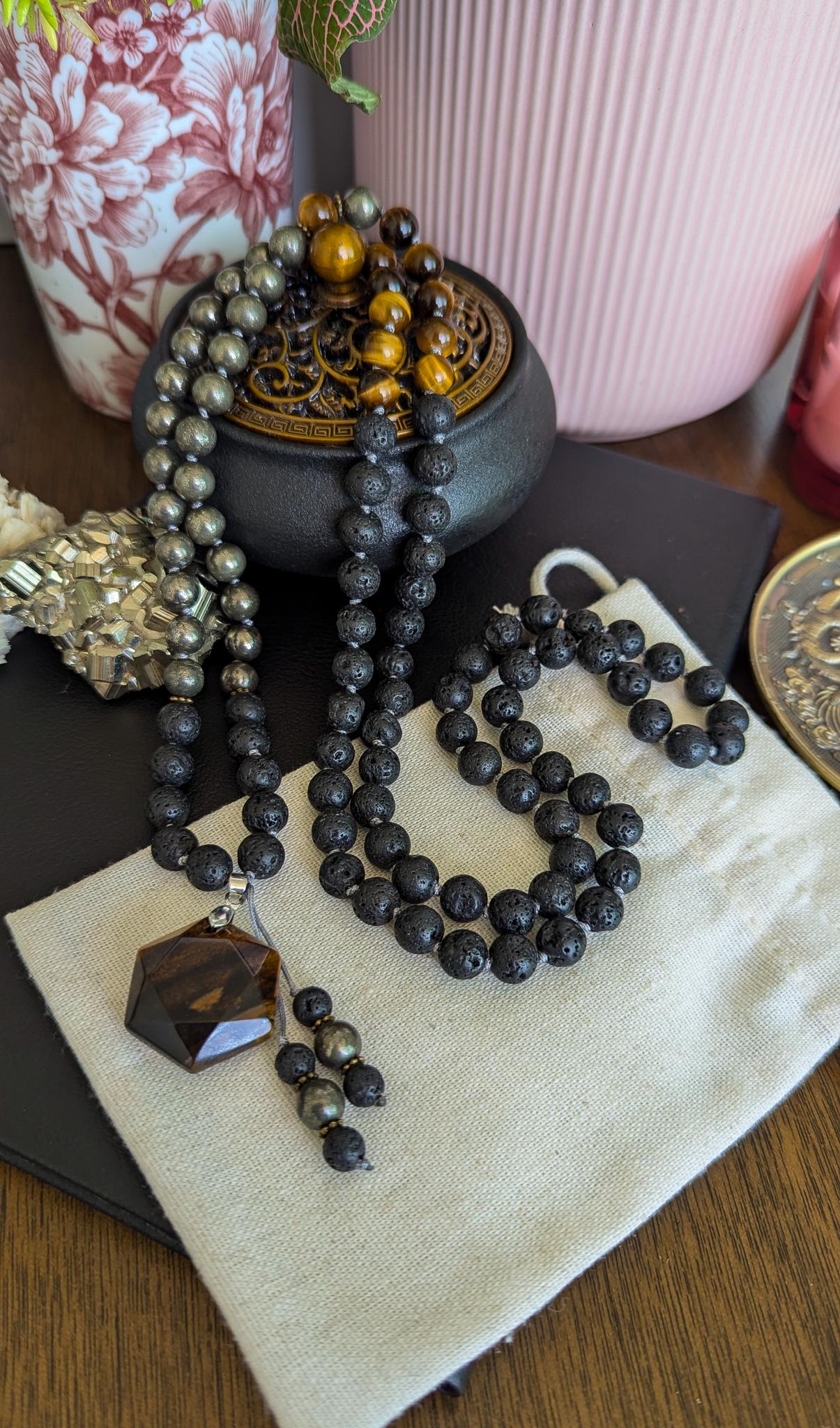 Power & Protection Tigers Eye Mala 108 Beads Lava Rock, Pyrite and Tigers Eye Necklace, Japa Mala for Meditation and Grounding