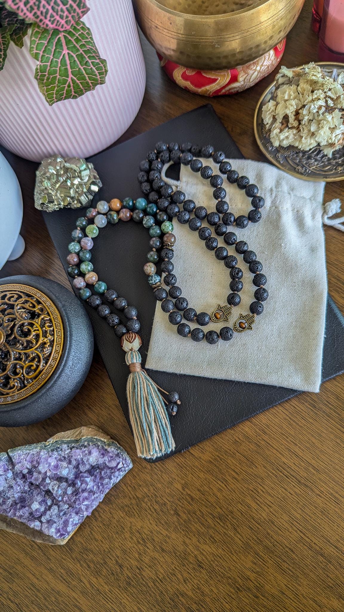 108 Bead Lava Rock & Indian Agate Mala Grounding and Balance Mala Necklace | Reiki-Infused Meditation Beads with Soft Bamboo Tassel