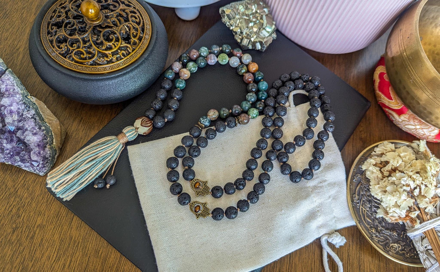 108 Bead Lava Rock & Indian Agate Mala Grounding and Balance Mala Necklace | Reiki-Infused Meditation Beads with Soft Bamboo Tassel