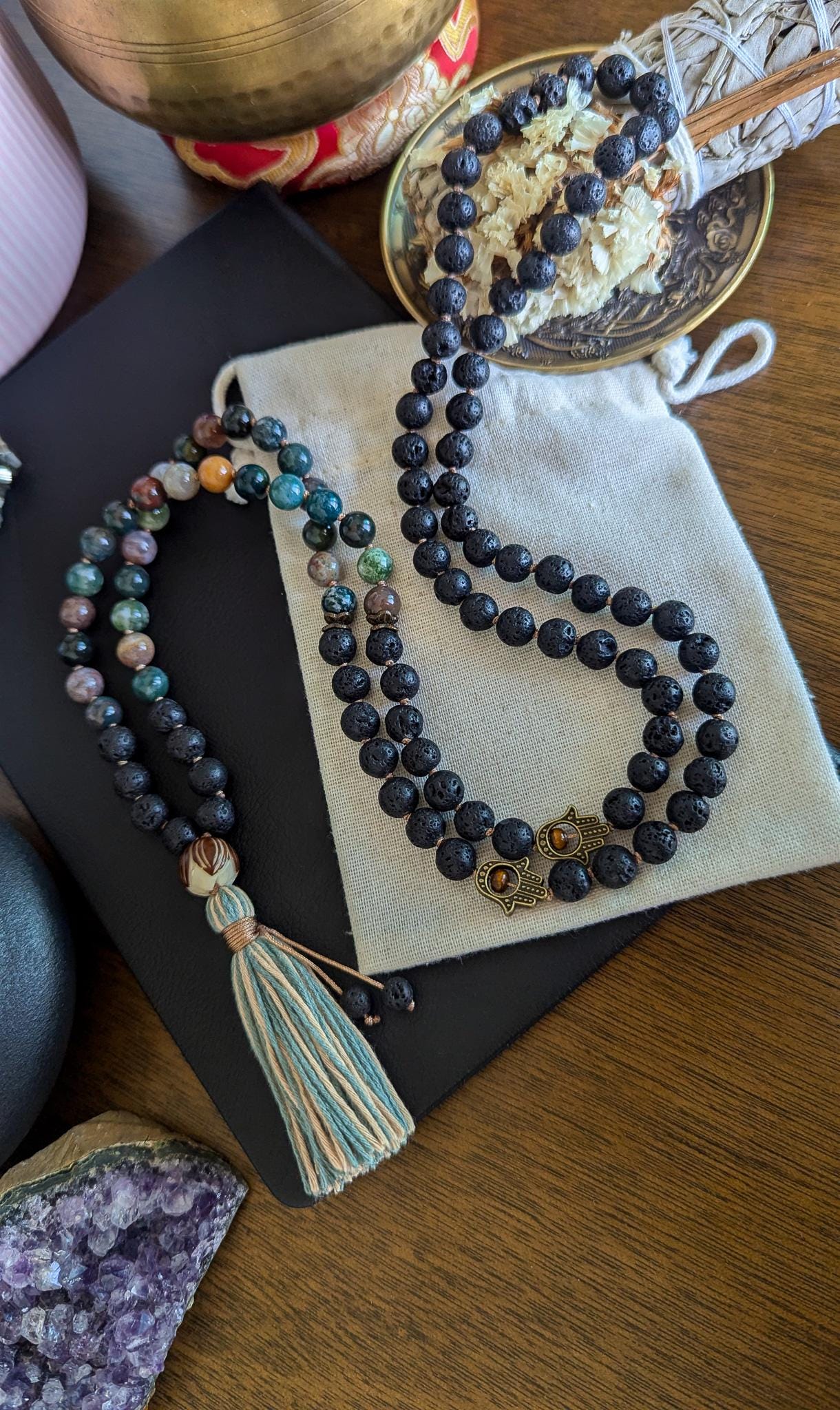 108 Bead Lava Rock & Indian Agate Mala Grounding and Balance Mala Necklace | Reiki-Infused Meditation Beads with Soft Bamboo Tassel