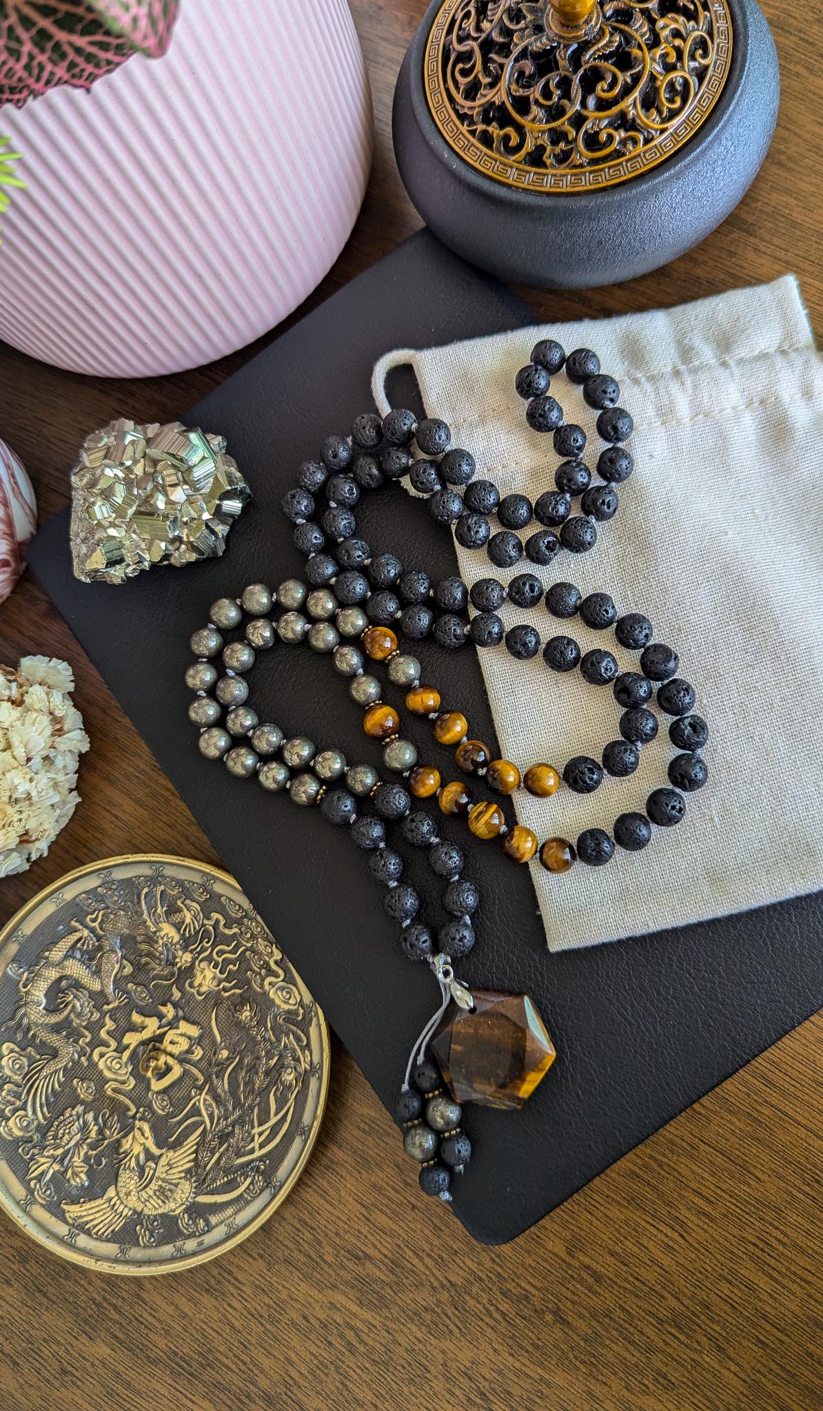 Power & Protection Tigers Eye Mala 108 Beads Lava Rock, Pyrite and Tigers Eye Necklace, Japa Mala for Meditation and Grounding