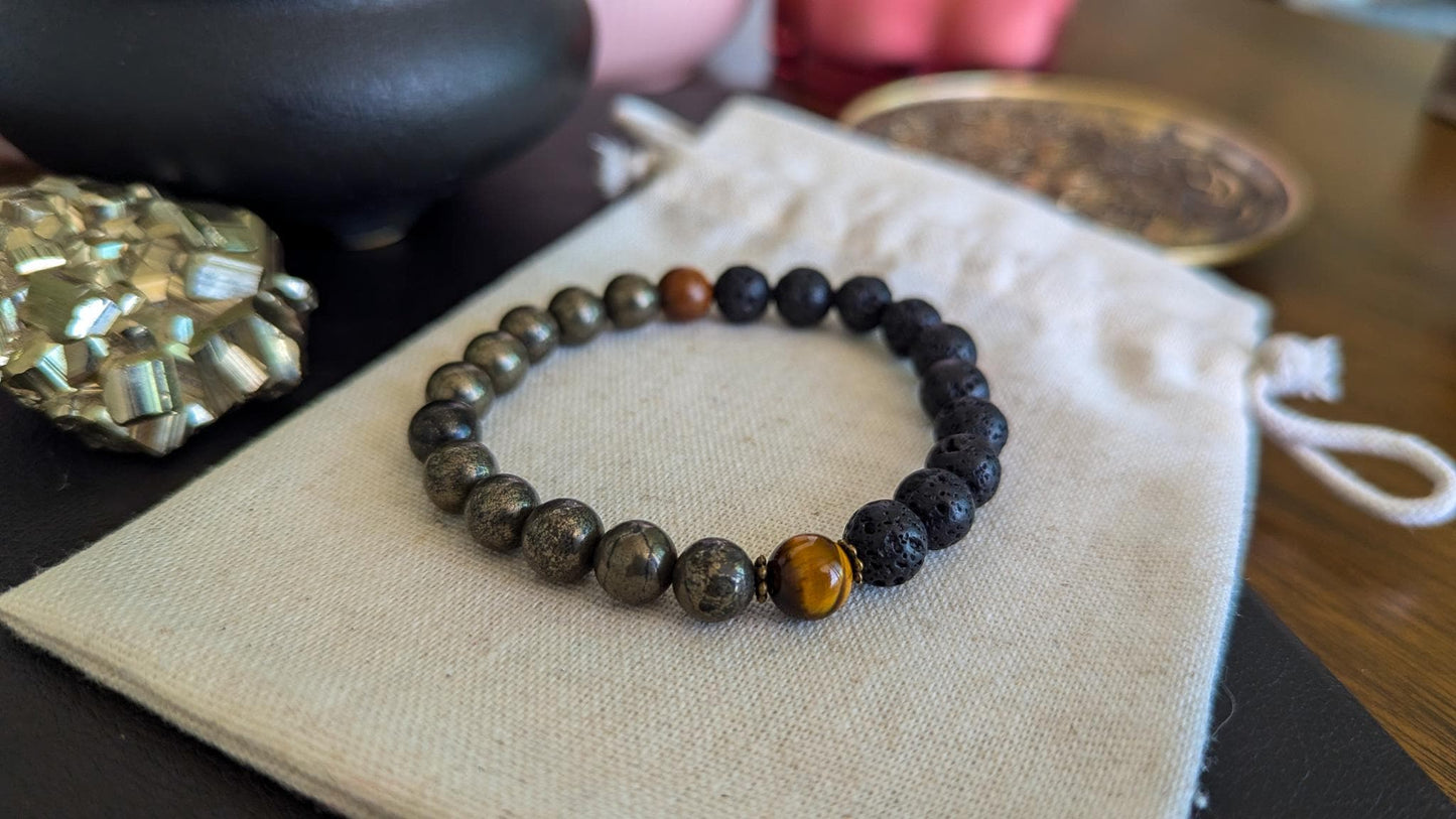 Lava Rock, Pyrite & Tiger's Eye Wrist Mala and Pocket Mala Set Reiki-Infused Bracelet for Strength, Protection and Grounding