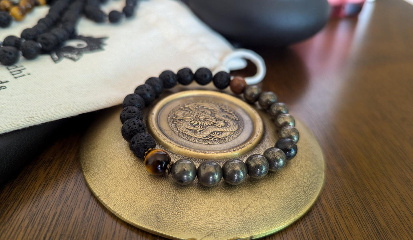Lava Rock, Pyrite & Tiger's Eye Wrist Mala and Pocket Mala Set Reiki-Infused Bracelet for Strength, Protection and Grounding