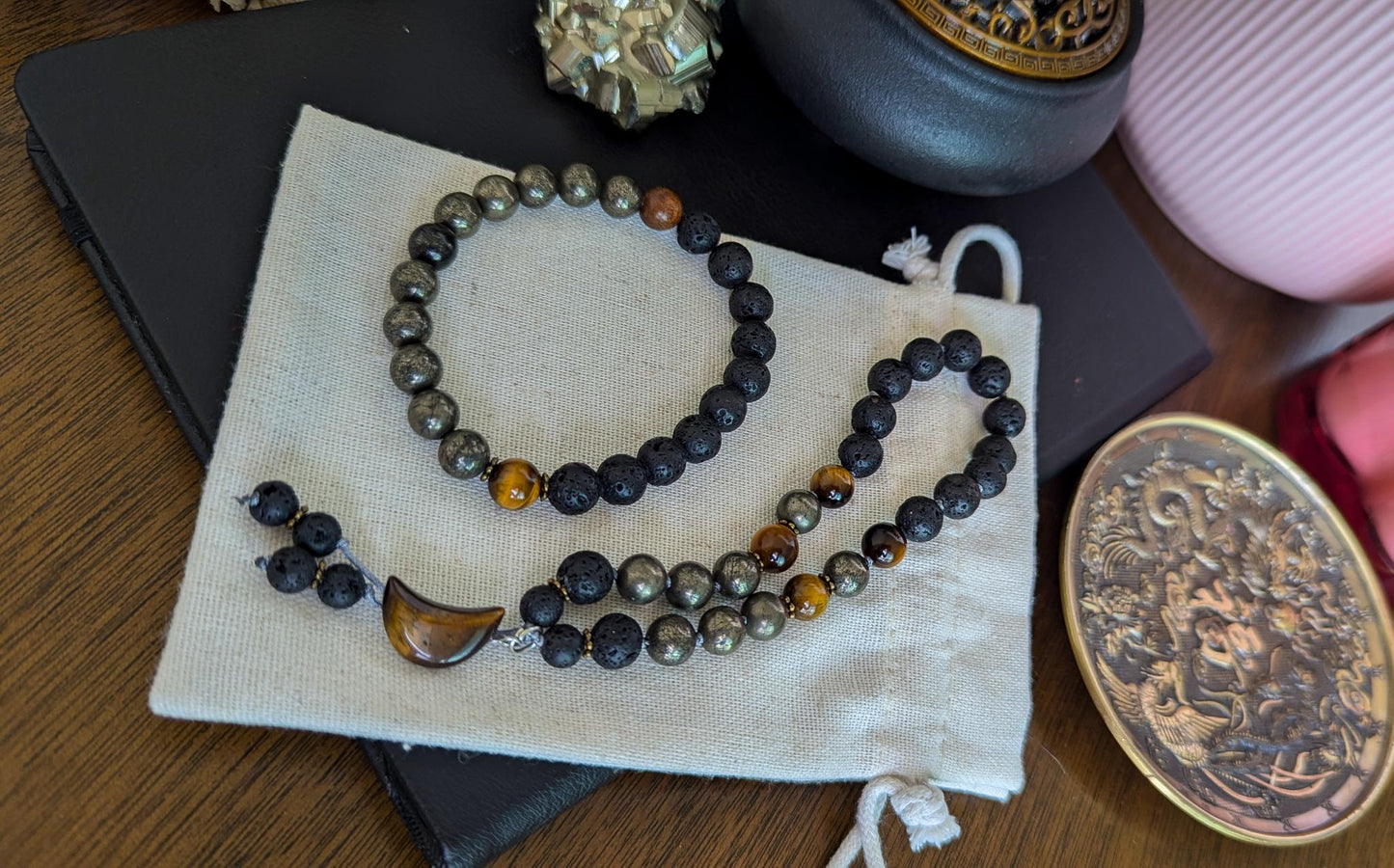 Lava Rock, Pyrite & Tiger's Eye Wrist Mala and Pocket Mala Set Reiki-Infused Bracelet for Strength, Protection and Grounding