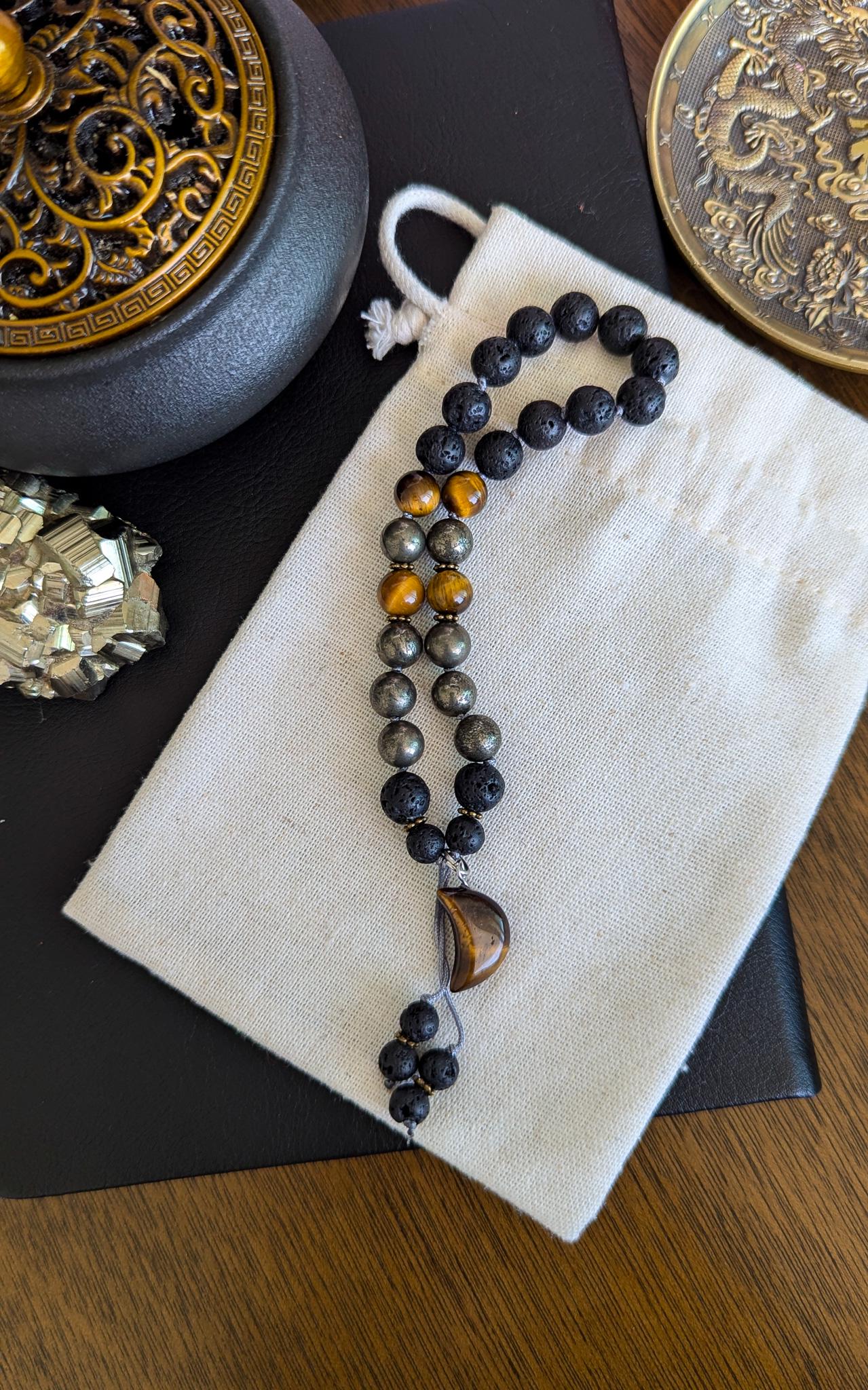 Lava Rock, Pyrite & Tiger's Eye Wrist Mala and Pocket Mala Set Reiki-Infused Bracelet for Strength, Protection and Grounding